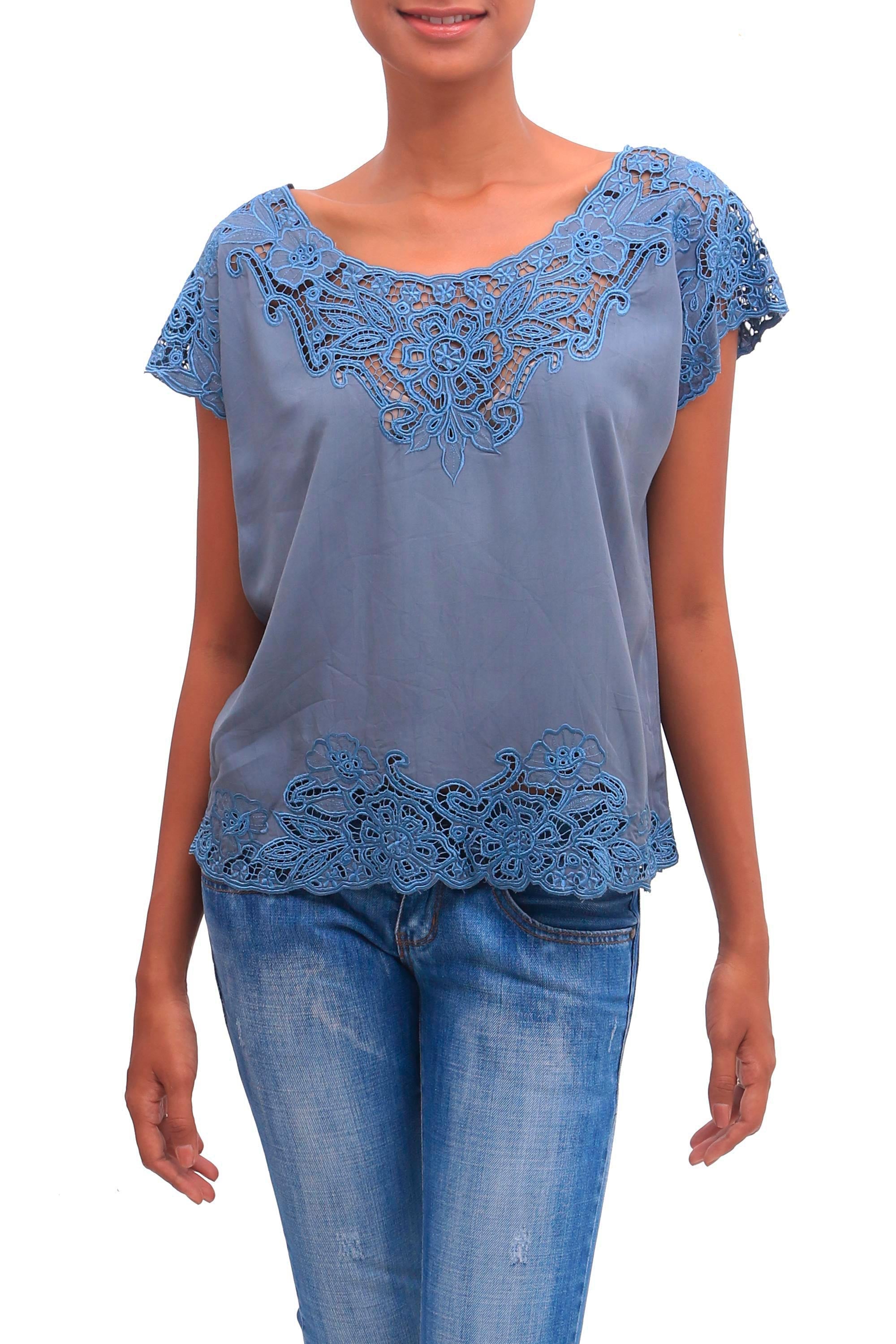 Premium Blue Spruce Kusuma Floral Embroidered Rayon Blouse - Handcrafted in Bali