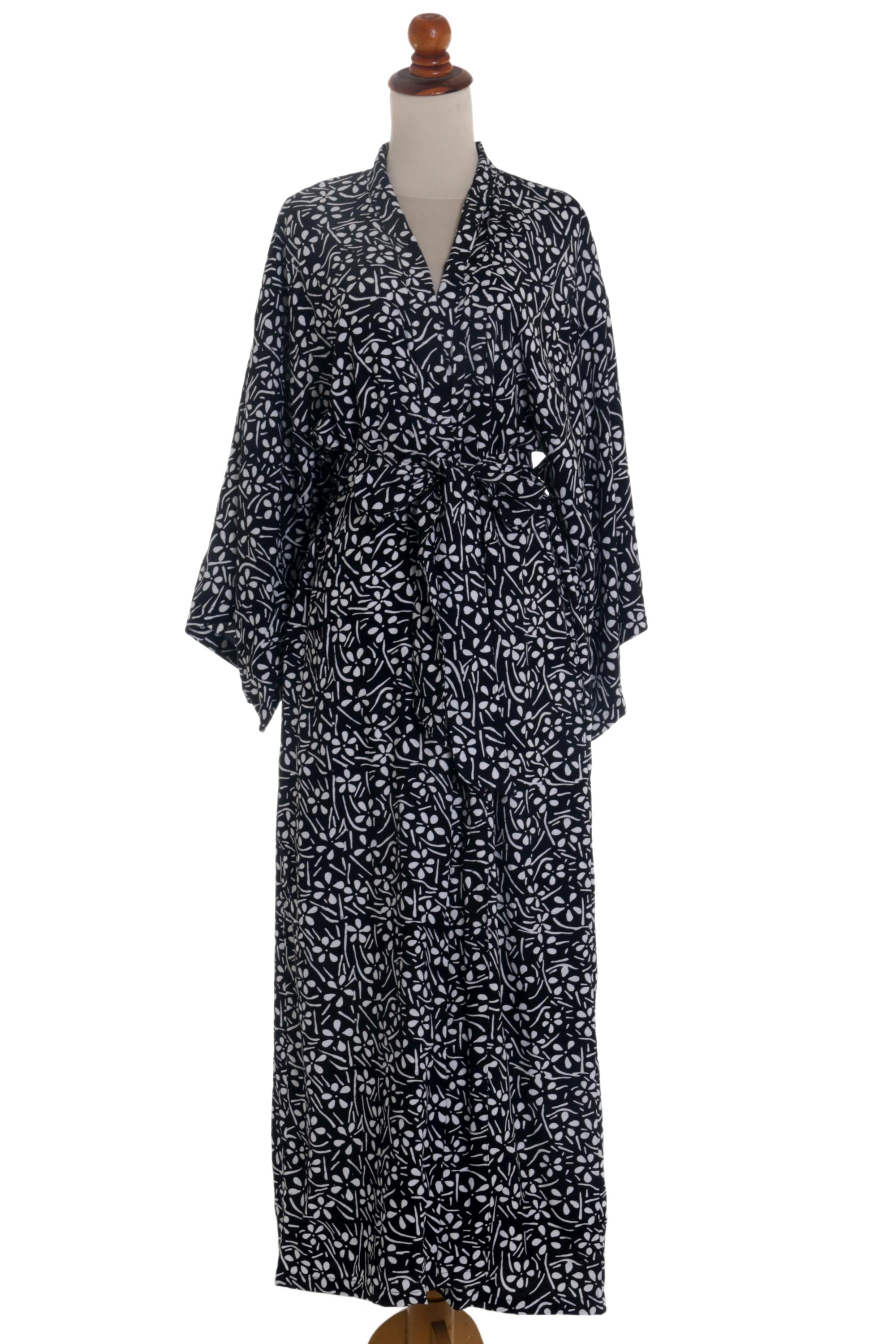 Premium Black & White Floral Rayon Kimono Robe – Handcrafted by Indonesian Artisan