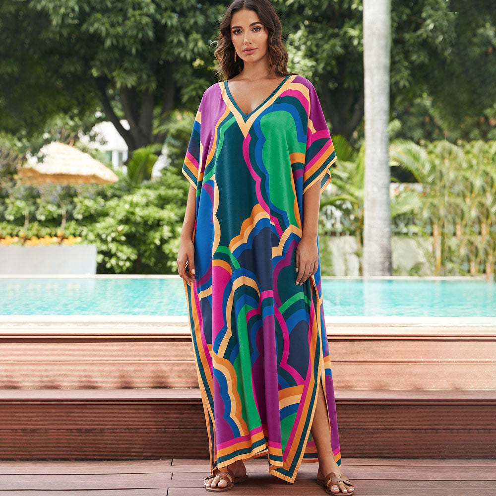 Premium Boho V-Neck Maxi Dress - Vibrant Brazilian Caftan Cover-Up