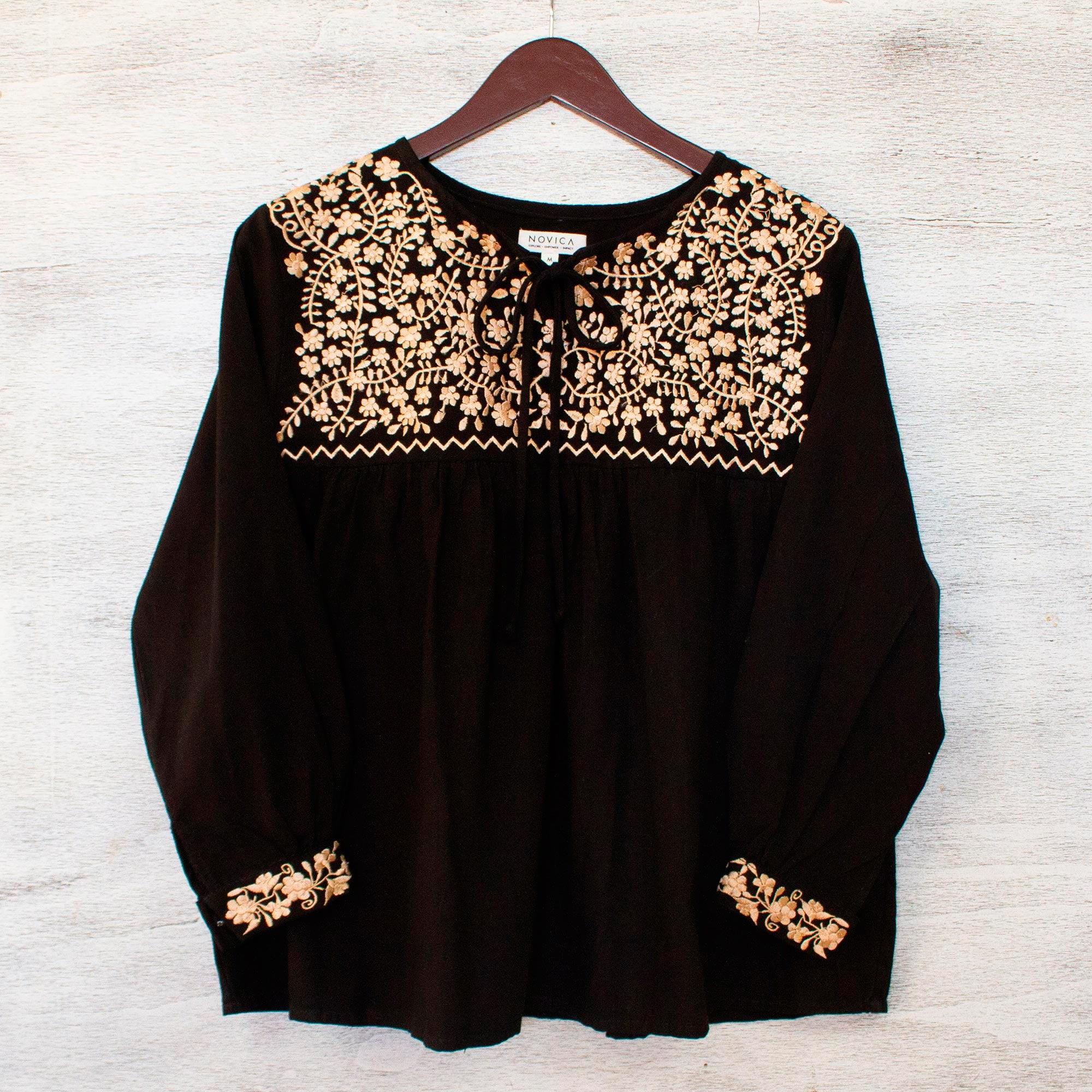 Premium Golden Black Oaxaca Blossoms Hand-Embroidered Boho Chic Blouse