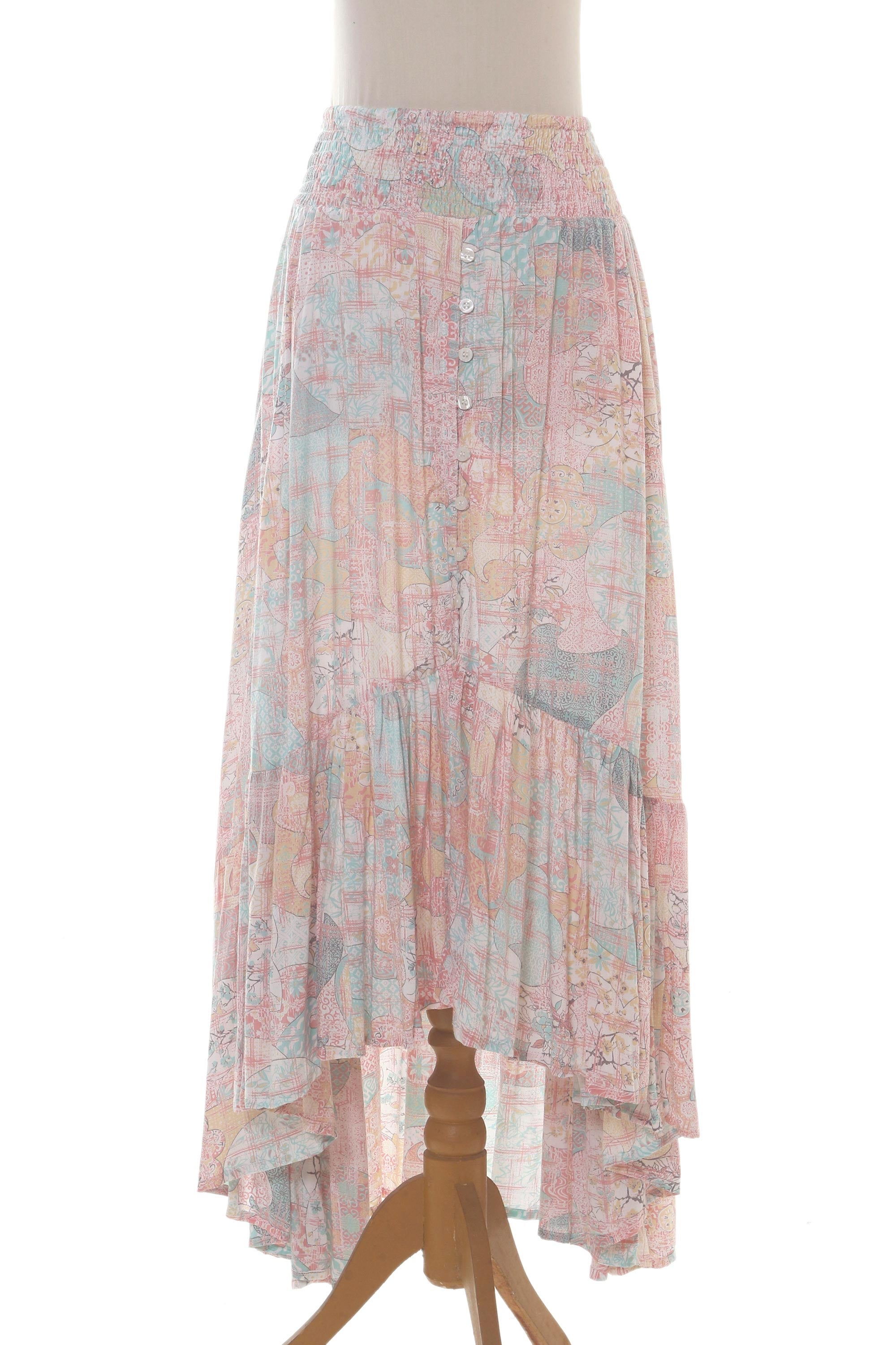 Premium Sekar Jagad Pastel Pink & Aqua Rayon High-Low Skirt