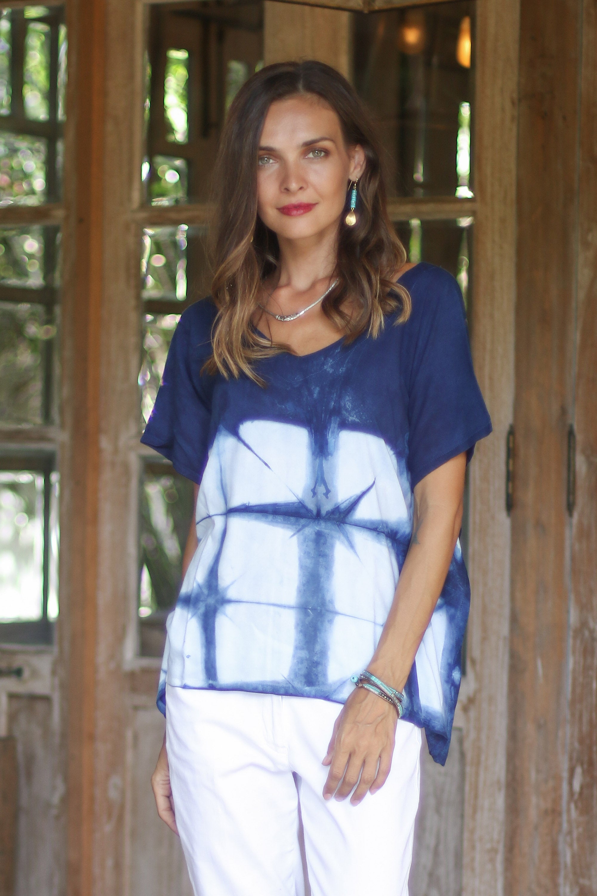 Premium Indigo White Geometric Tie-Dye Cotton Blouse – Effortless Style