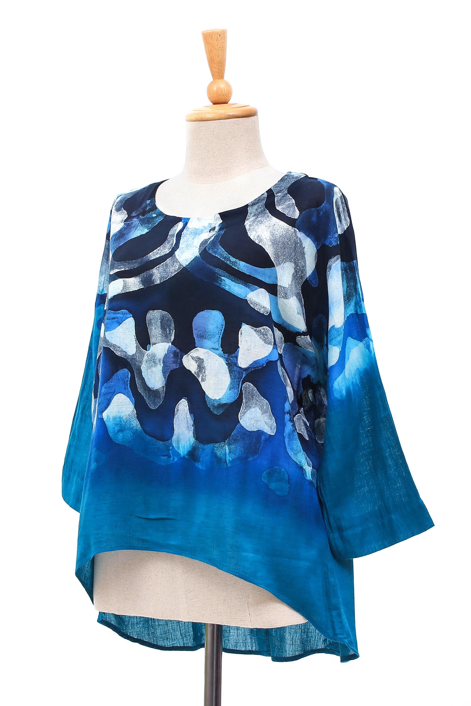 Premium Lanna Melange Blue Cotton Batik Blouse for Women