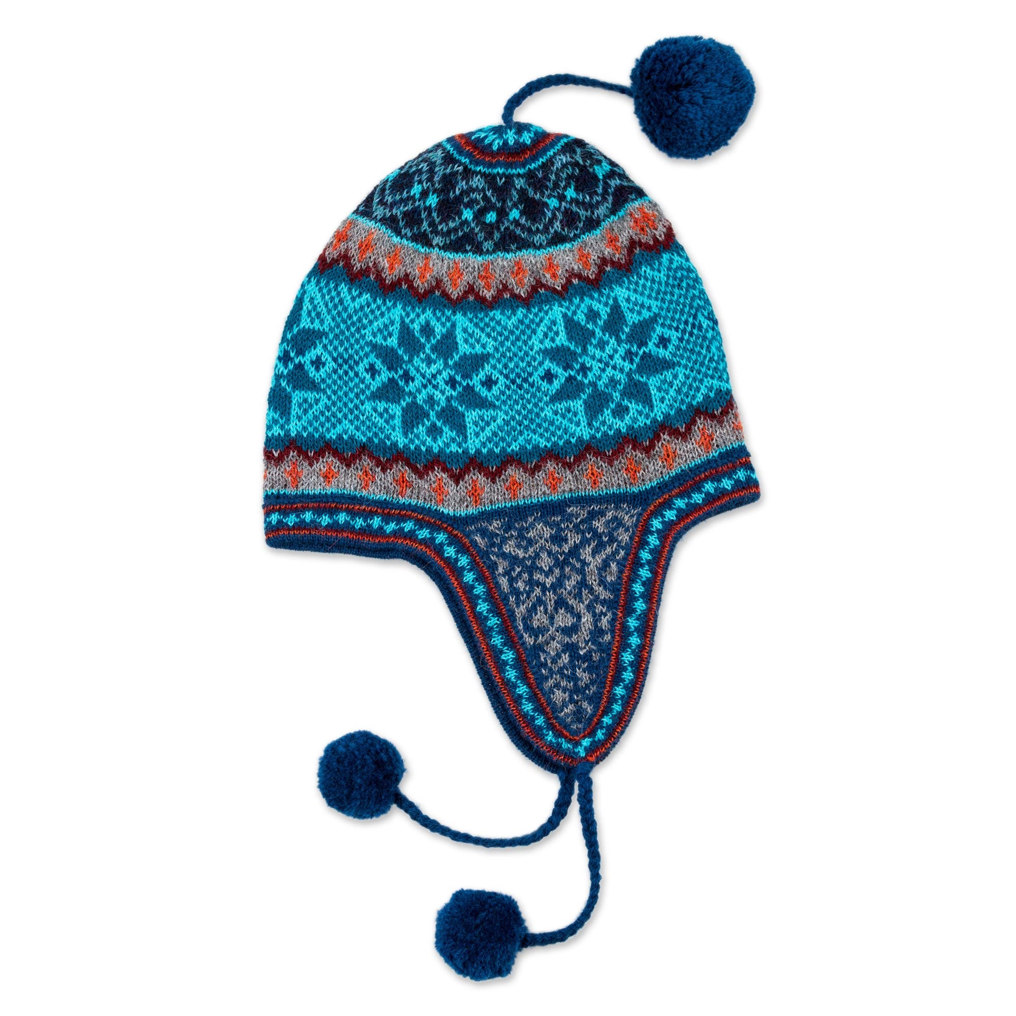 Premium Andean Alpaca Chullo Hat - Azure & Smoke Snowflake Design