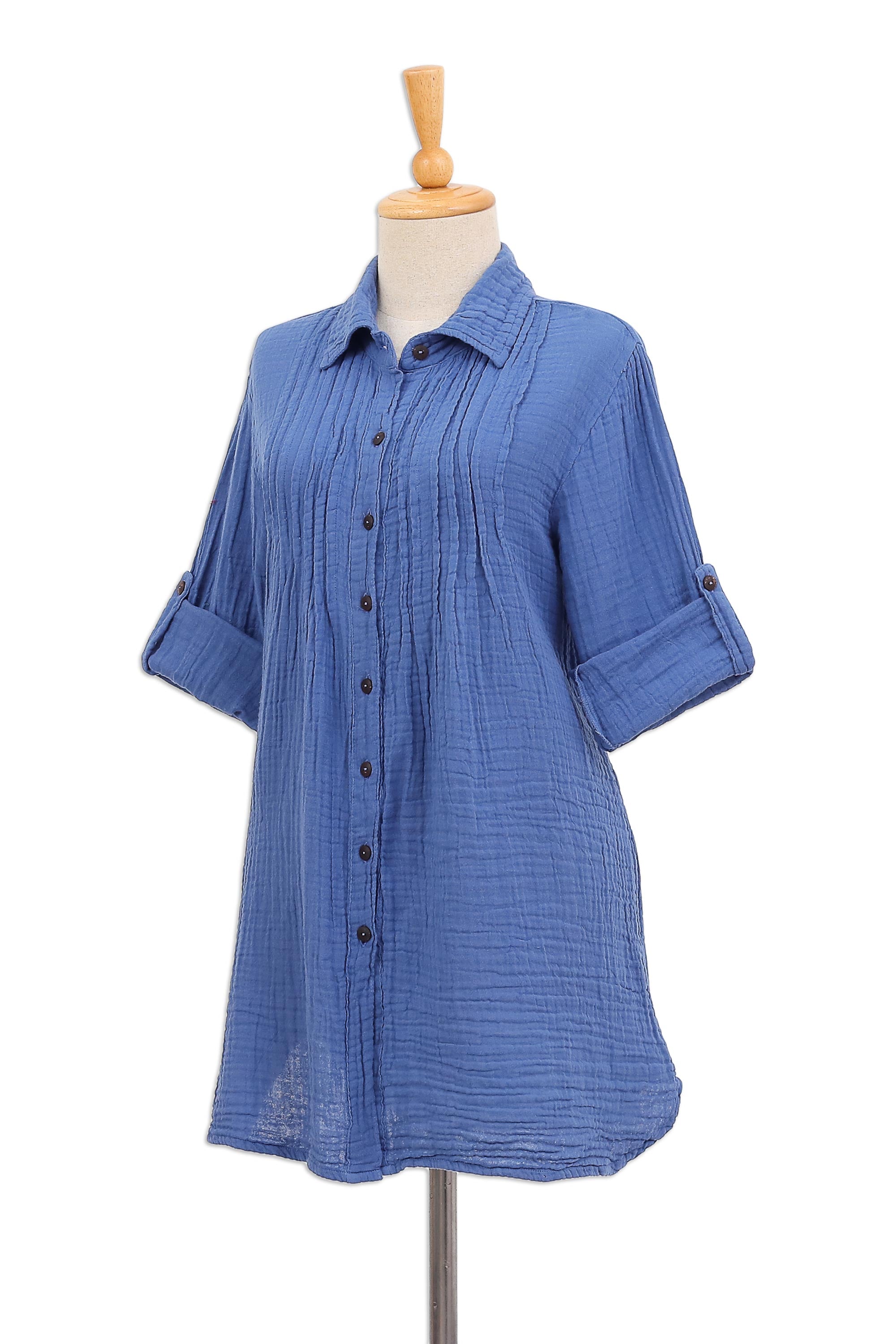 Premium Periwinkle Pintucks Blue Cotton Gauze Shirt – Handcrafted in Thailand