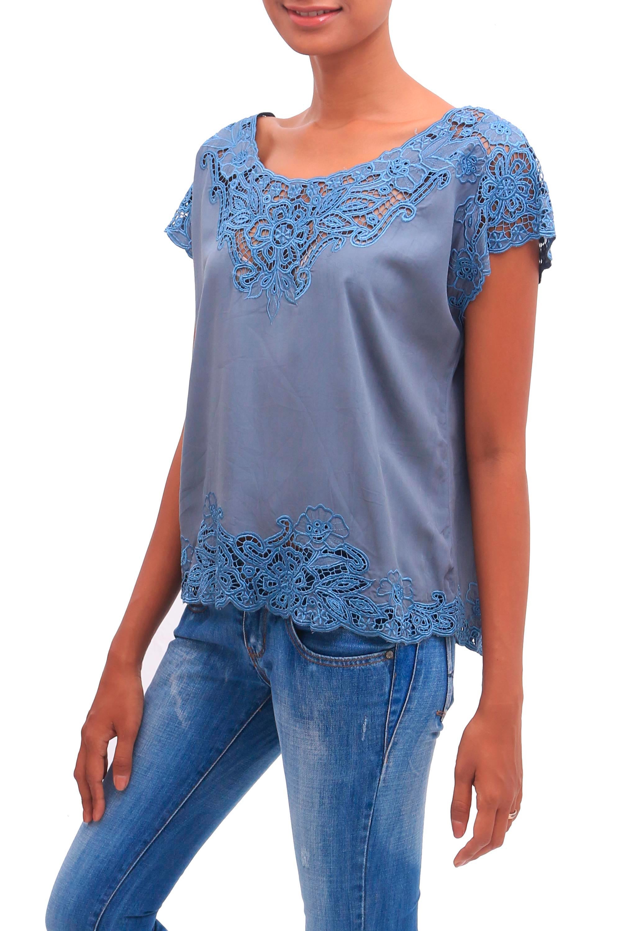 Premium Blue Spruce Kusuma Floral Embroidered Rayon Blouse - Handcrafted in Bali