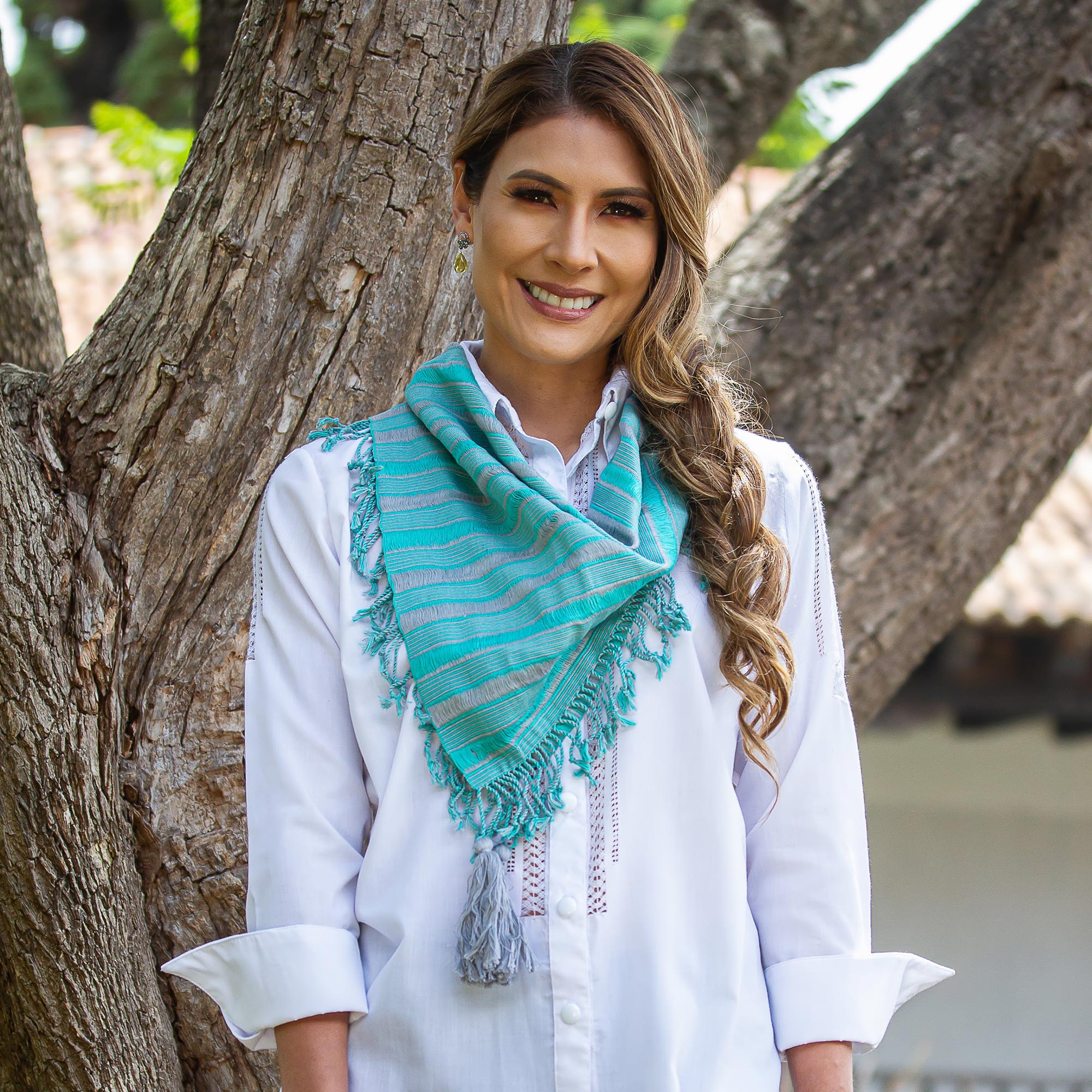 Premium Turquoise & Smoke Handwoven Cotton Scarf – Artisan Crafted in Mexico