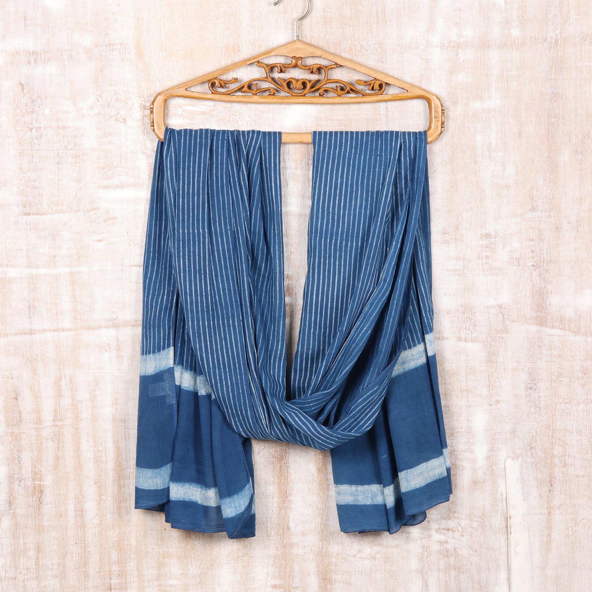 Premium Dabu Blue & White Mud Resist Cotton Shawl - Handcrafted Block Print