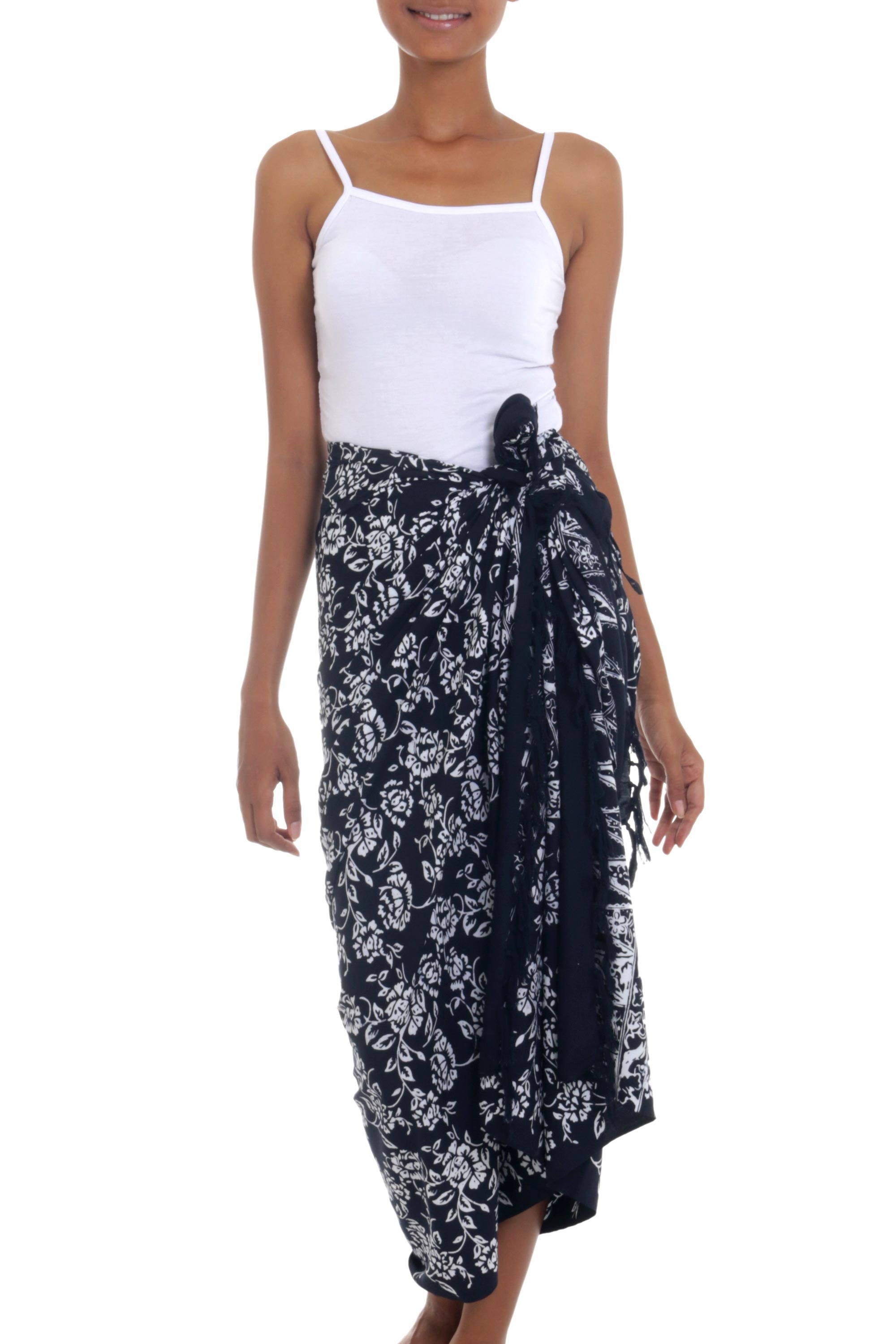 Premium Tropical Rayon Sarong - Black & White Floral Batik Design