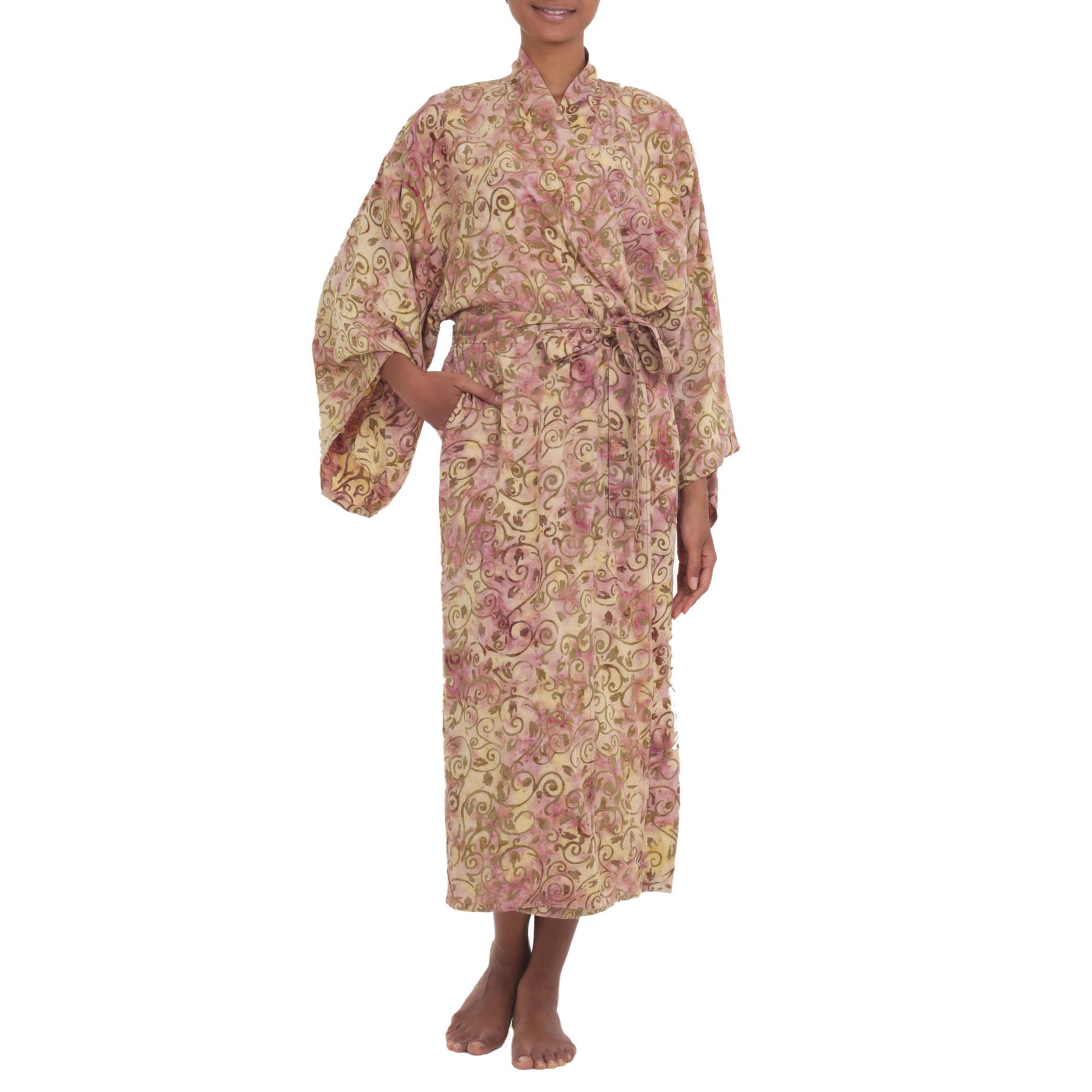 Premium Floral Rayon Batik Robe - Beige & Magenta