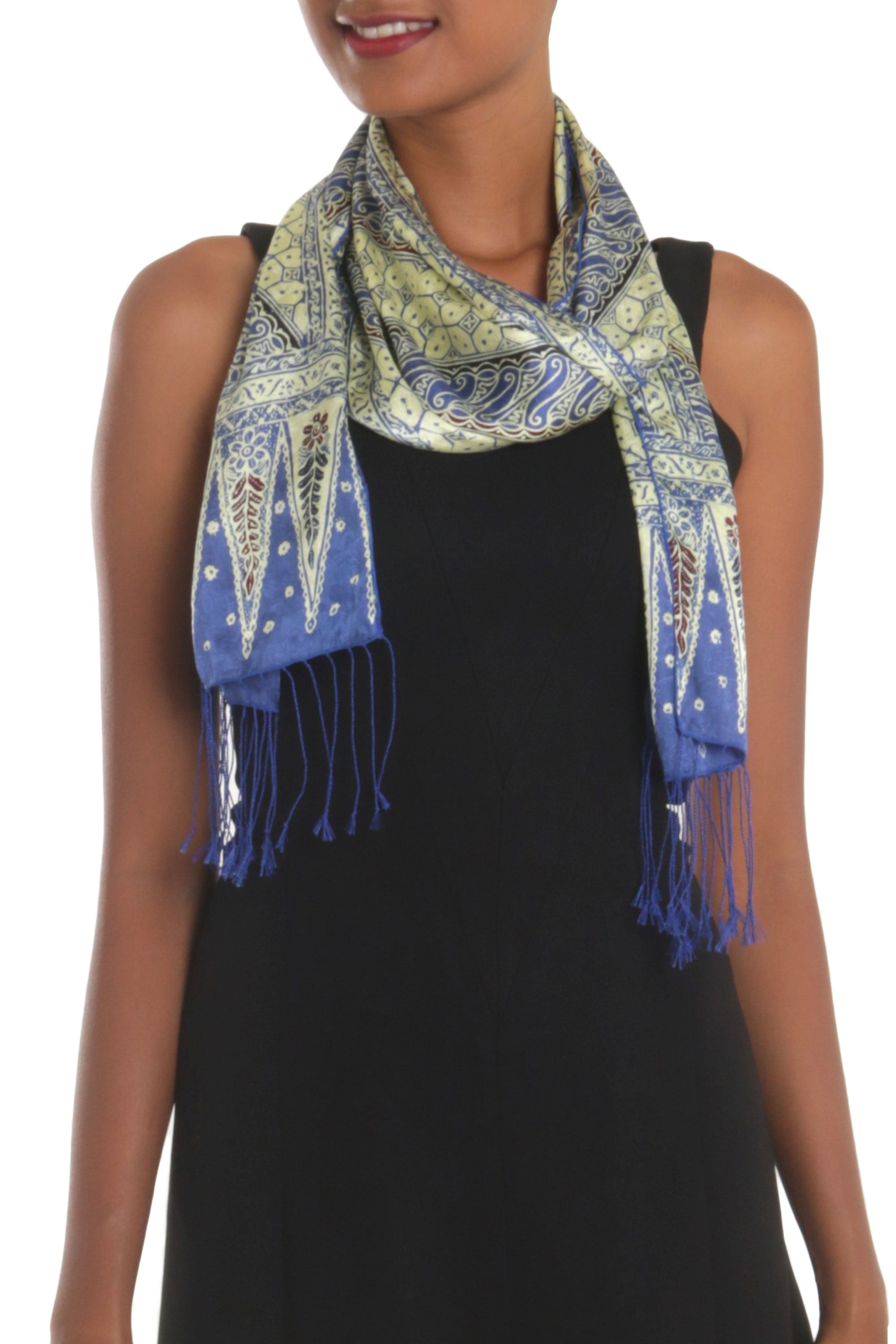 Premium Indigo Batik Silk Scarf with Traditional Parang Motifs - Handcrafted in Bali