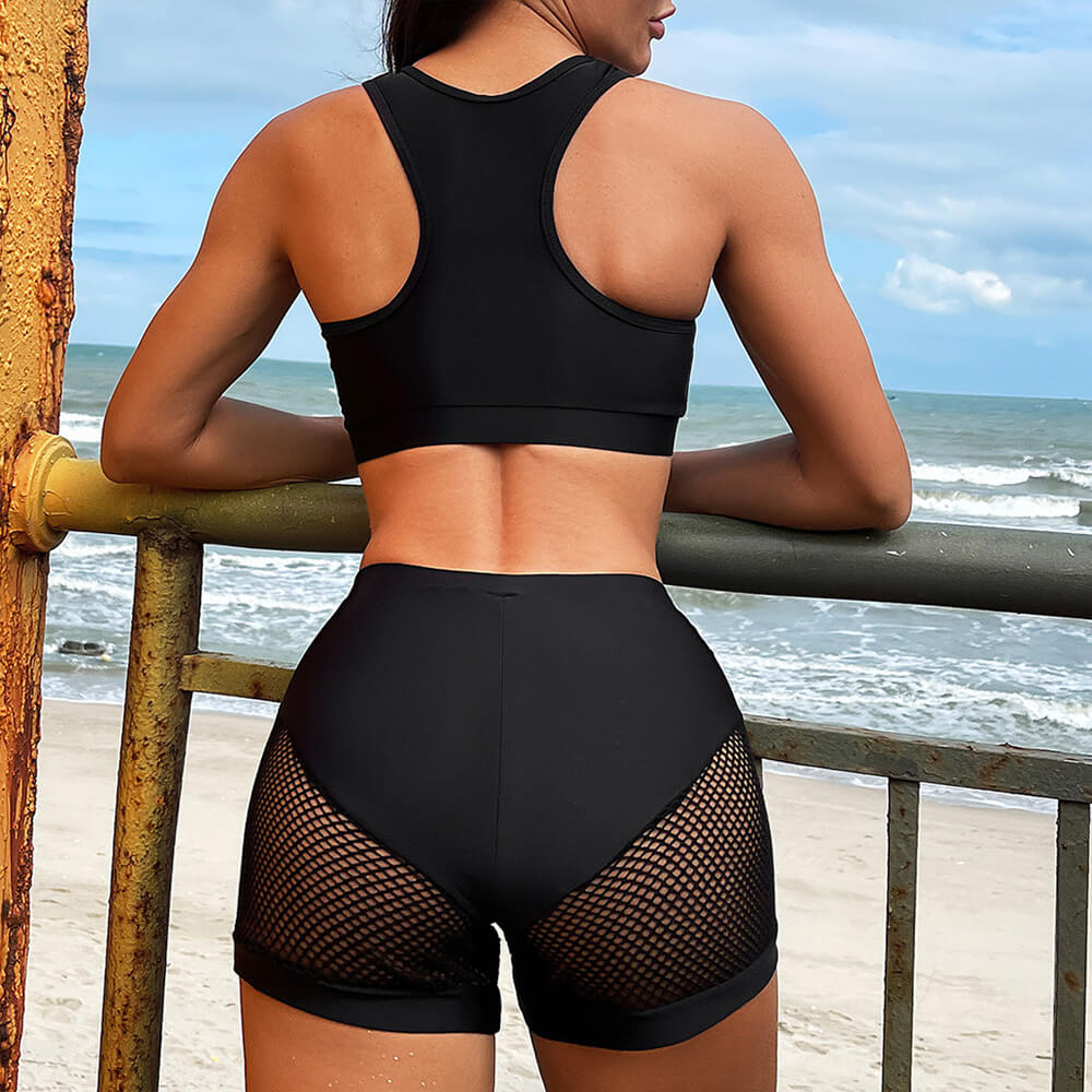 Premium High-Waist Athletic Boyshort Bikini Set with Fishnet Detailing