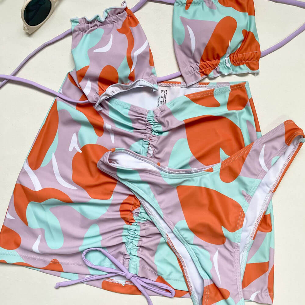 Premium Abstract Print Brazilian Bikini Set with Ruffle Trim