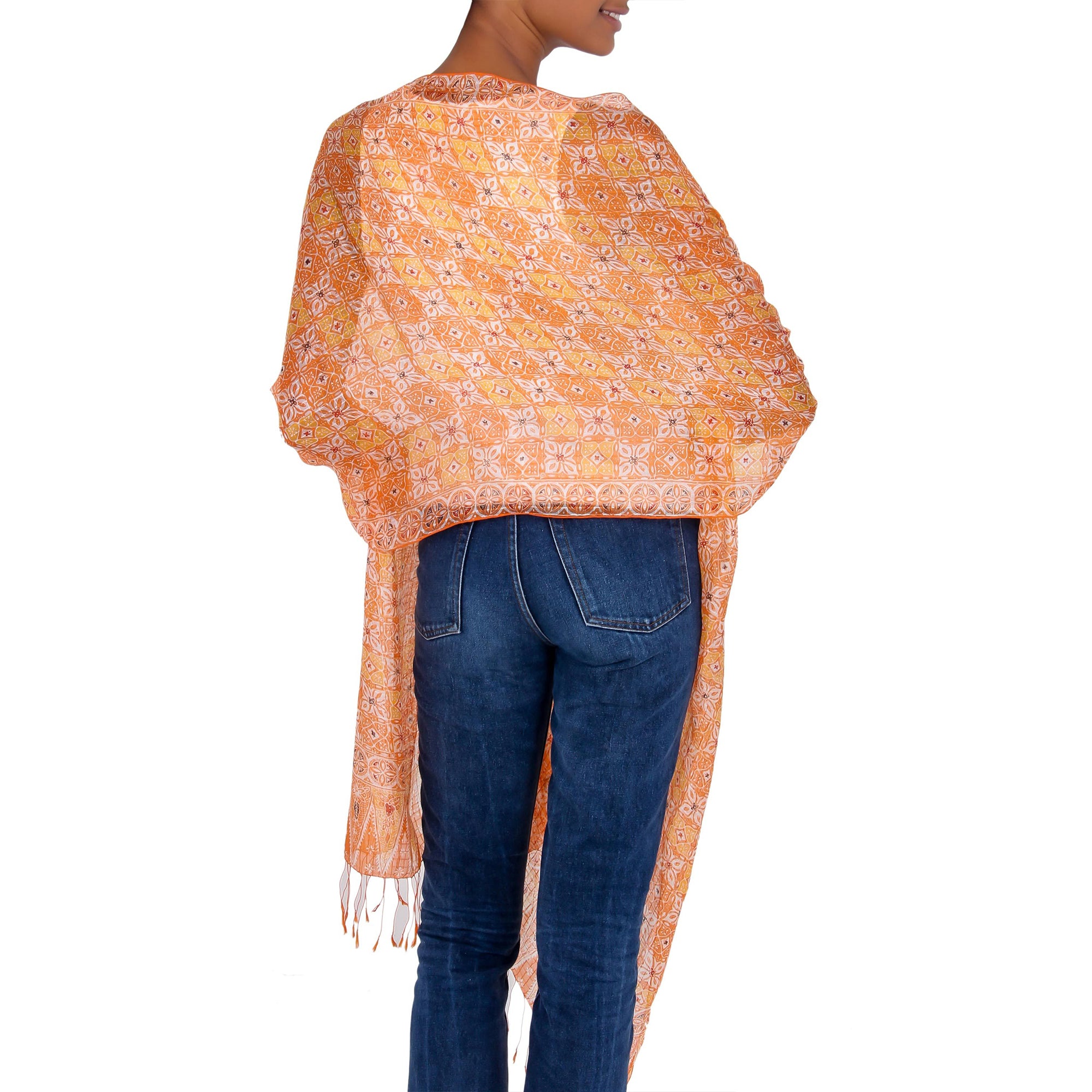 Premium Orange Jasmine Silk Shawl - Handcrafted Elegance