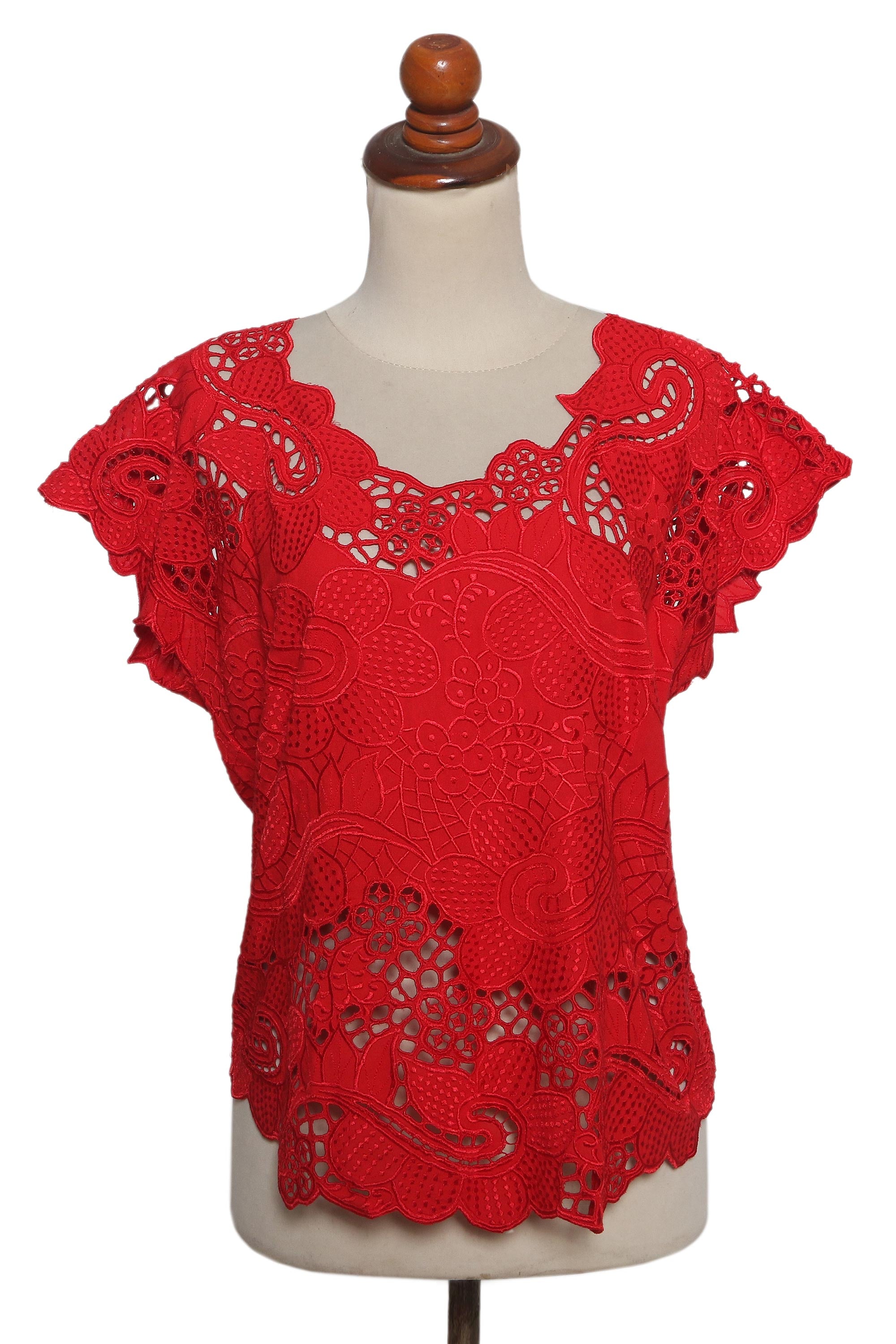 Premium Red Rose Mallow Rayon Top - Elegant Floral Openwork & Hand Embroidery