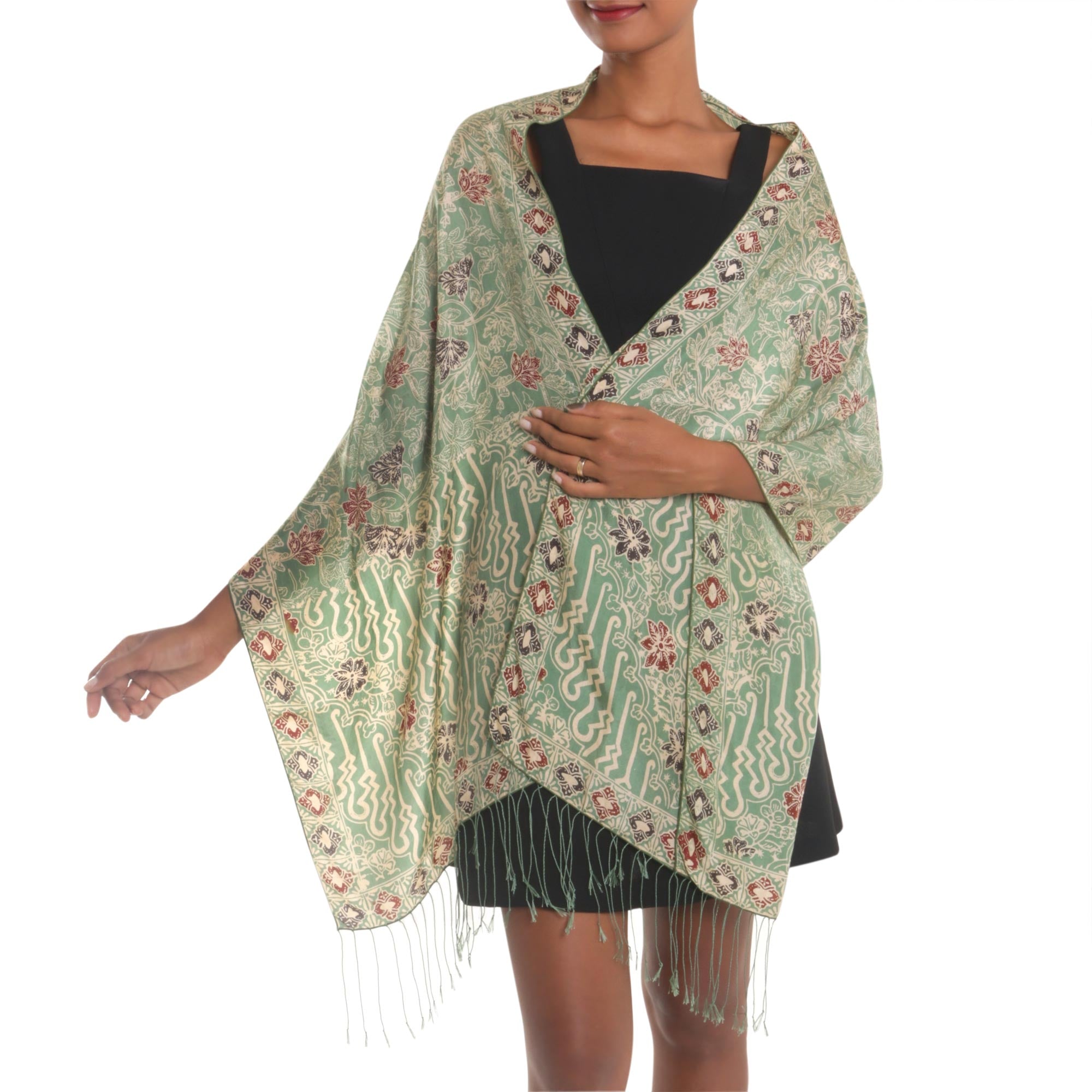 Premium Moss Green Batik Silk Shawl with Elegant Lily Motifs - Handcrafted in Bali