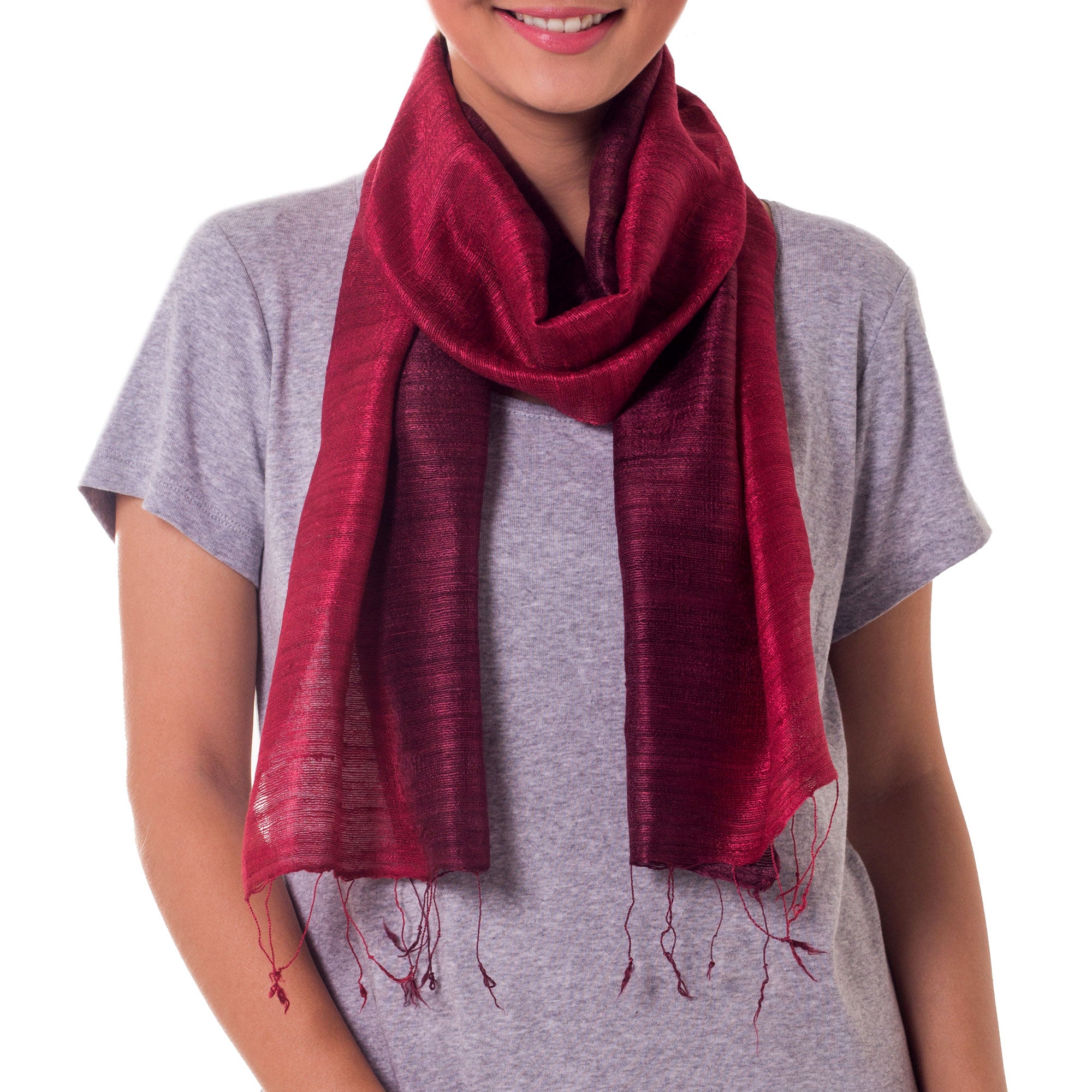 Premium Ombre Silk Scarf - Roses & Red Wine Elegance