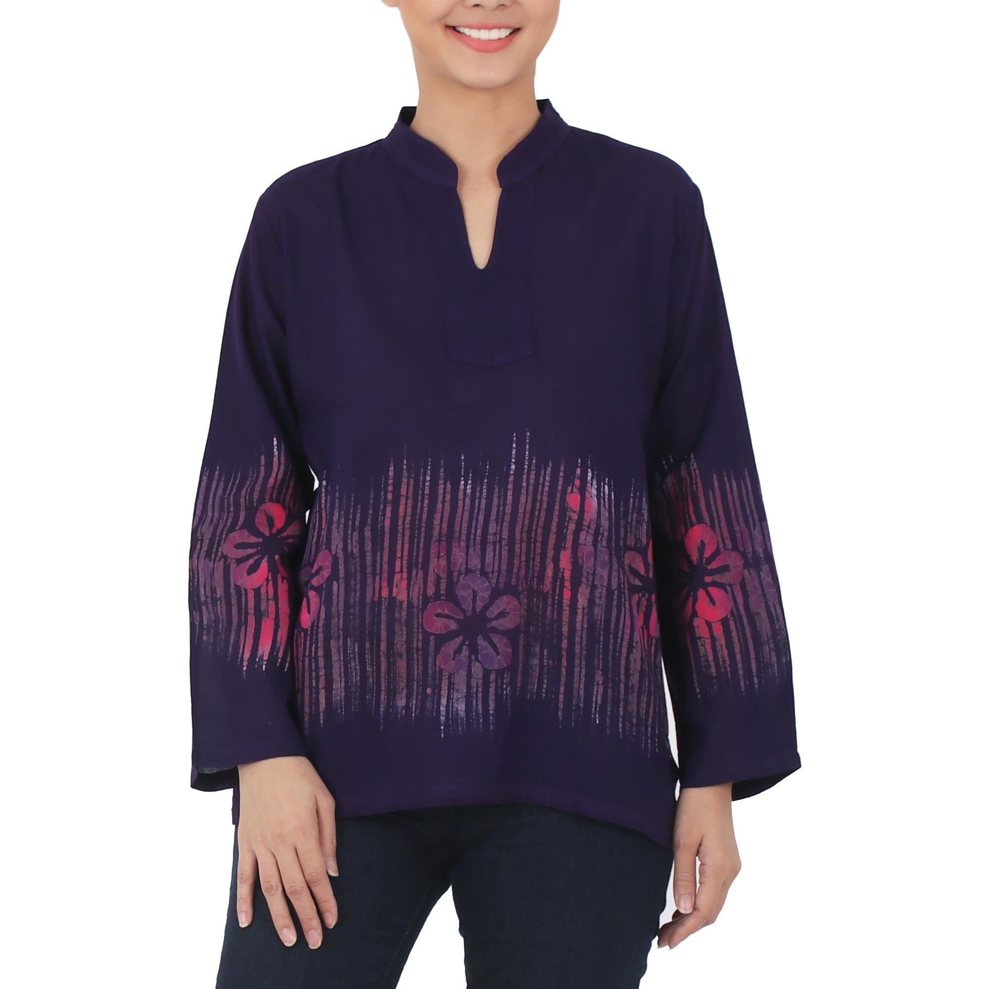 Premium Hand-Painted Violet Frangipani Batik Blouse