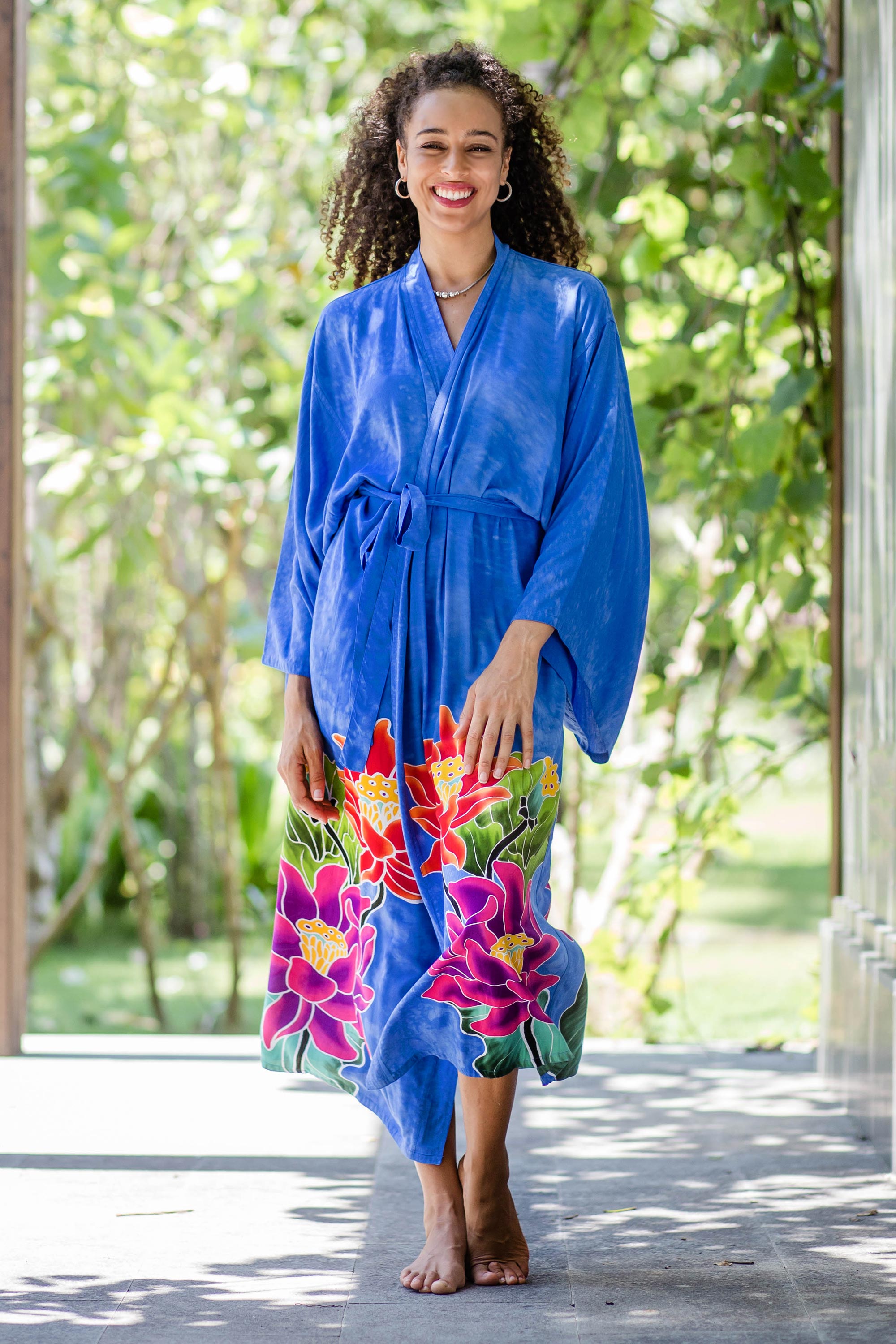 Premium Hand-Painted Floral Rayon Robe - Blue & Multicolor Lotus Design