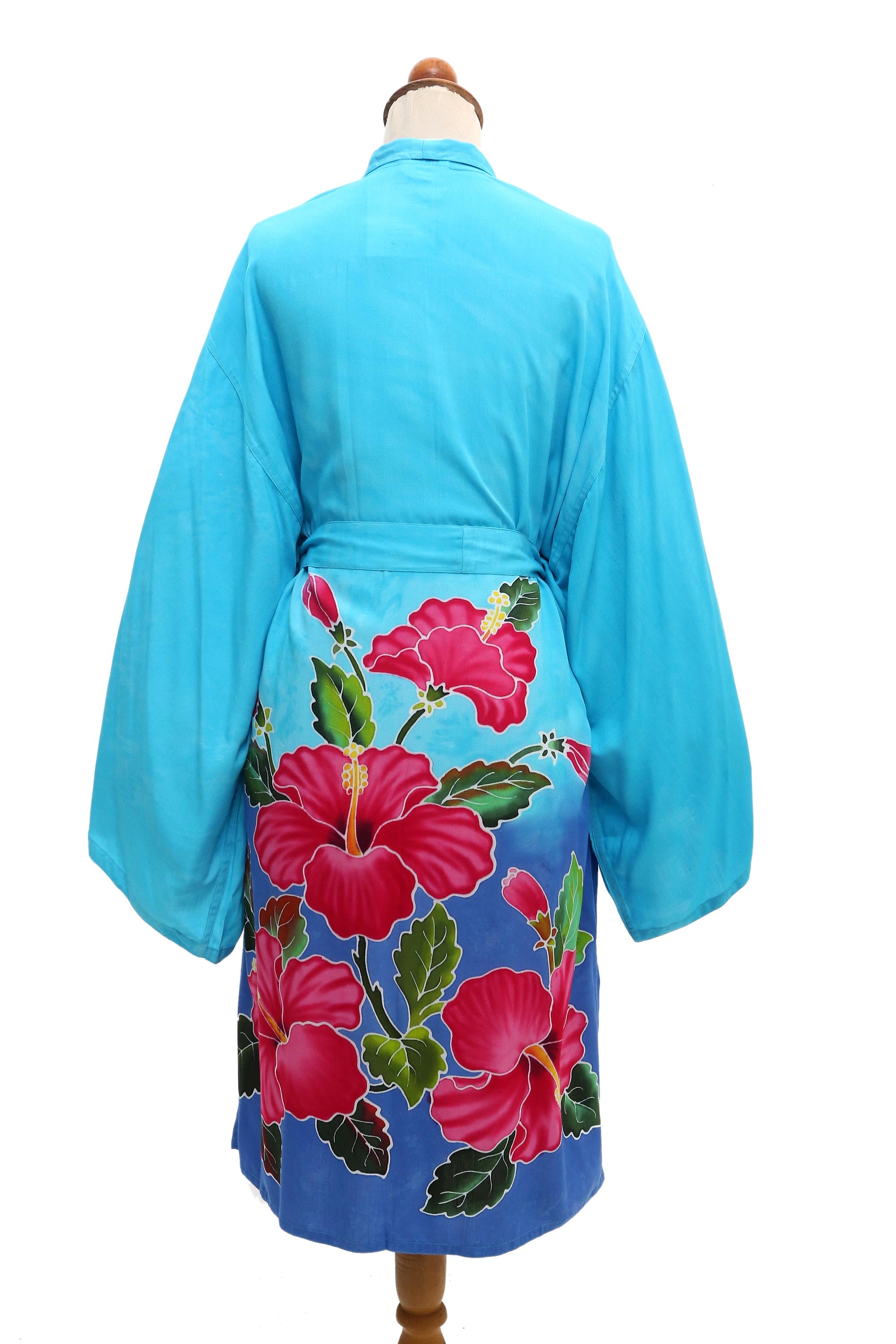 Premium Hand-Painted Blue Rayon Robe with Lotus Motif from Bali