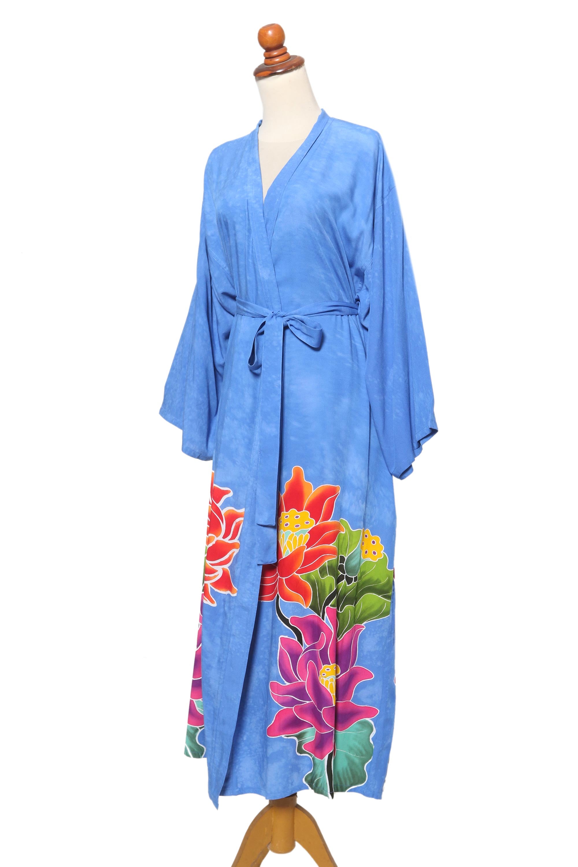 Premium Hand-Painted Floral Rayon Robe - Blue & Multicolor Lotus Design