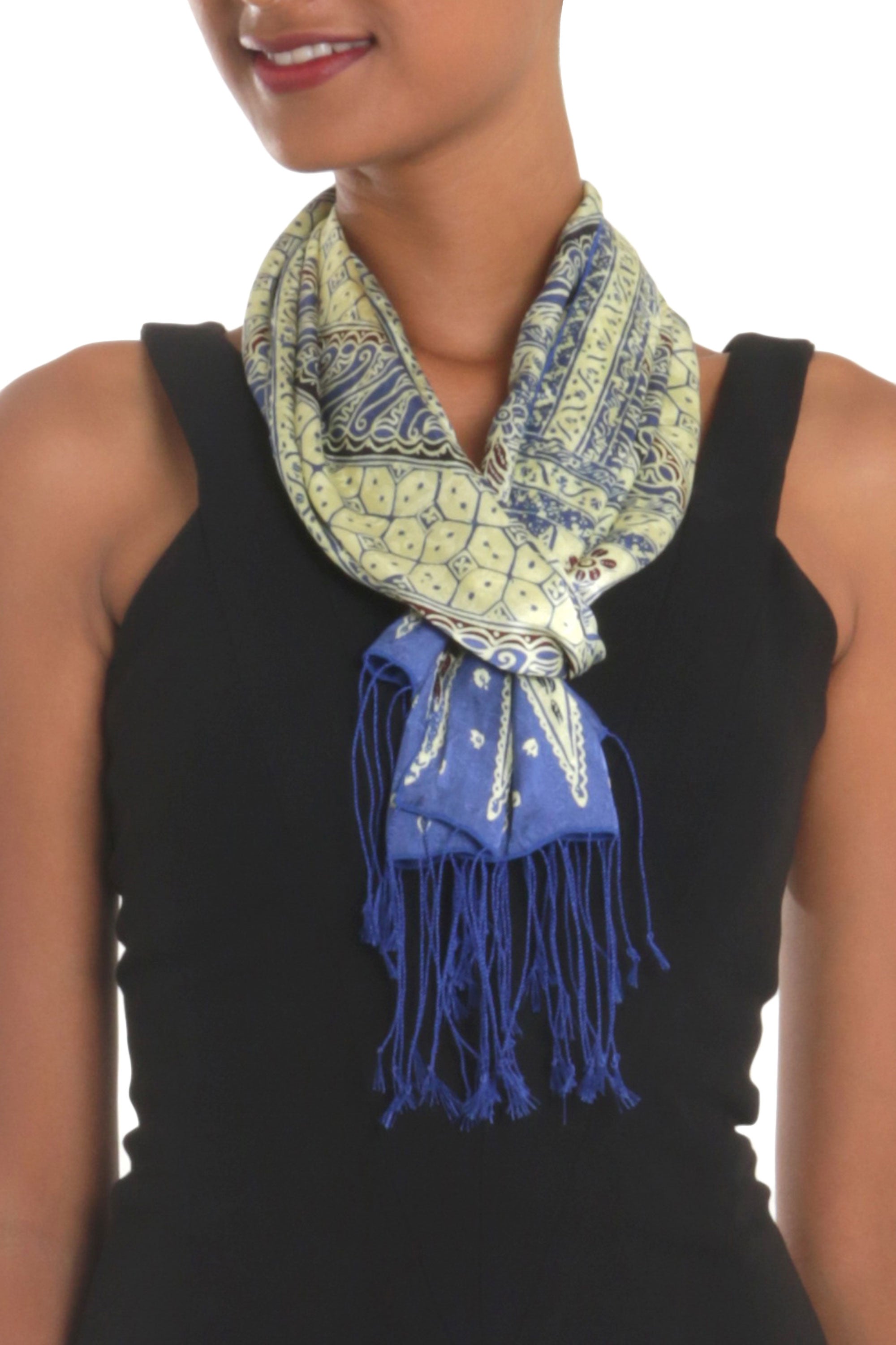 Premium Indigo Batik Silk Scarf with Traditional Parang Motifs - Handcrafted in Bali