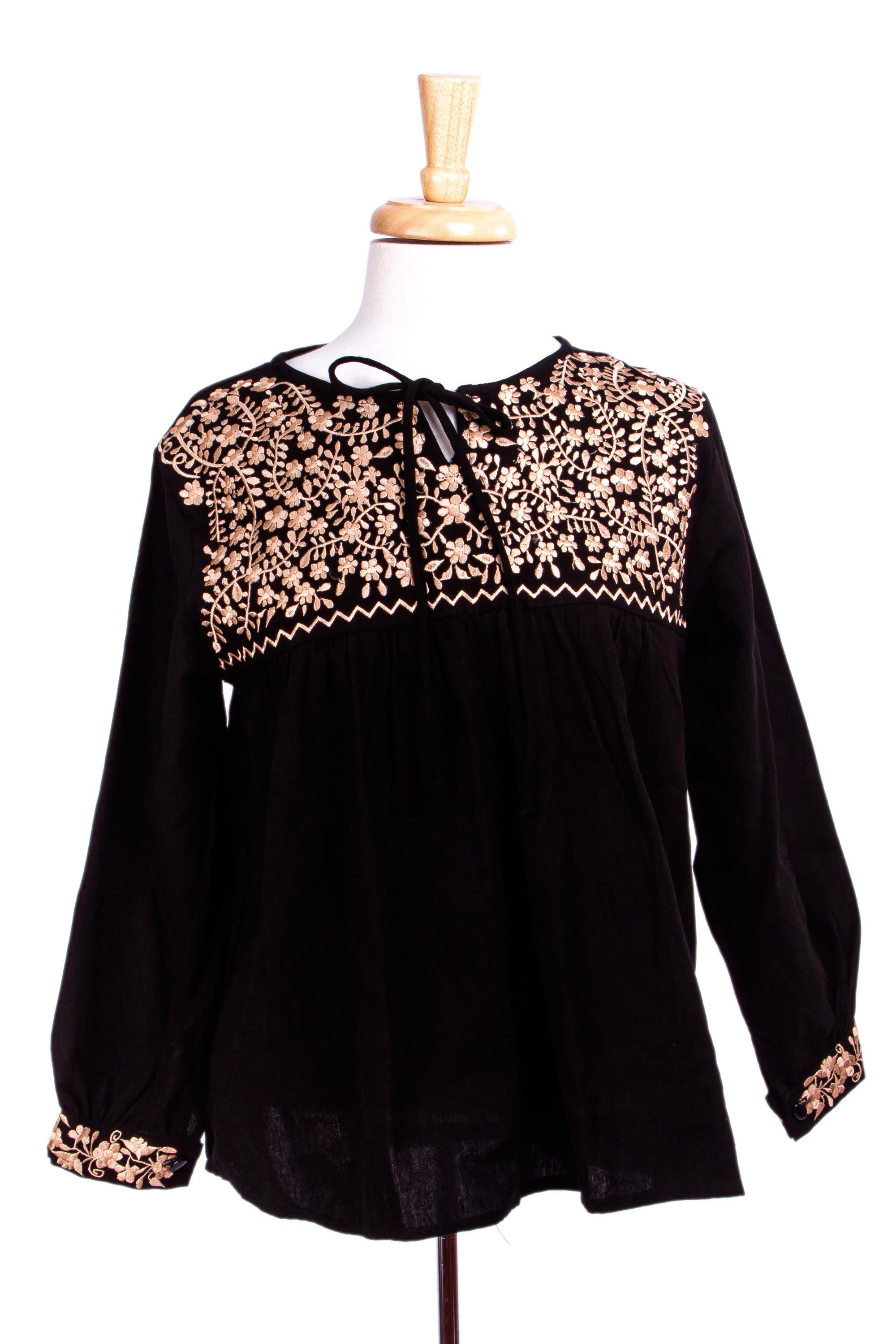 Premium Golden Black Oaxaca Blossoms Hand-Embroidered Boho Chic Blouse