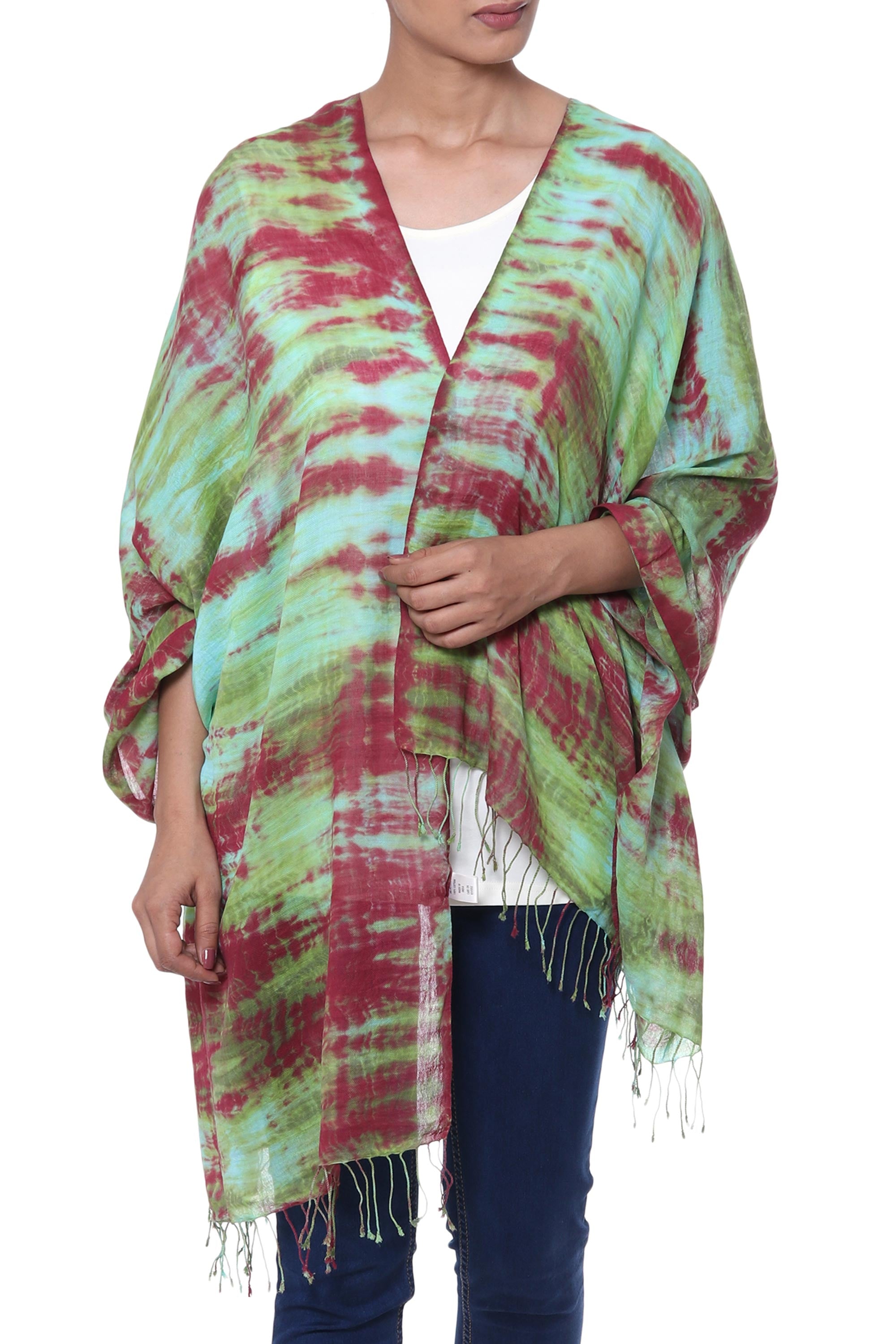 Premium Cosmic Waves Tie-Dyed Cotton Shawl - Red, Green & Aqua with Fringe