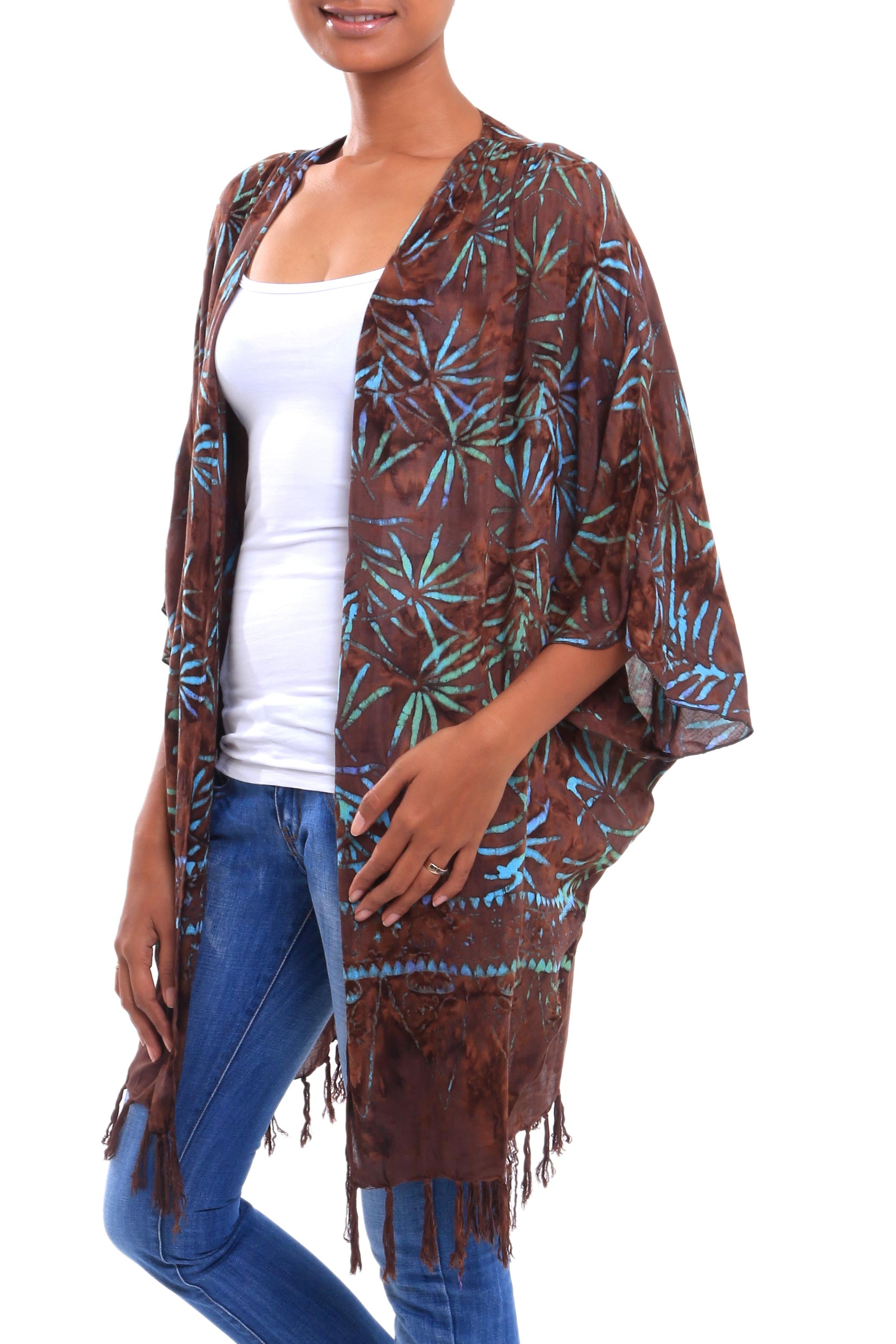 Premium Brown Leaf Batik Kimono Jacket - Handcrafted in Bali