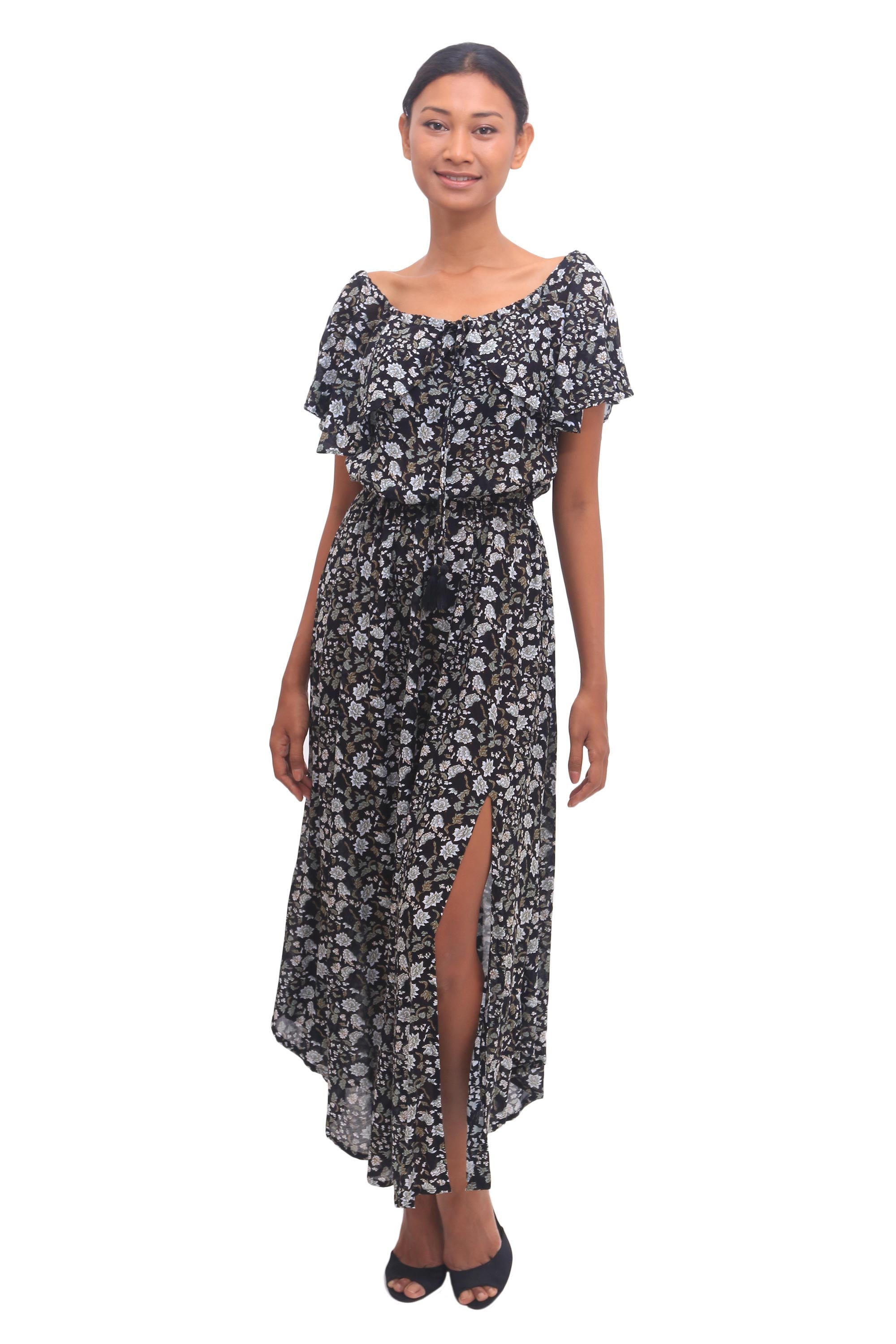 Premium Boho Bali Floral Print Midi Dress - Black with White & Olive Accents