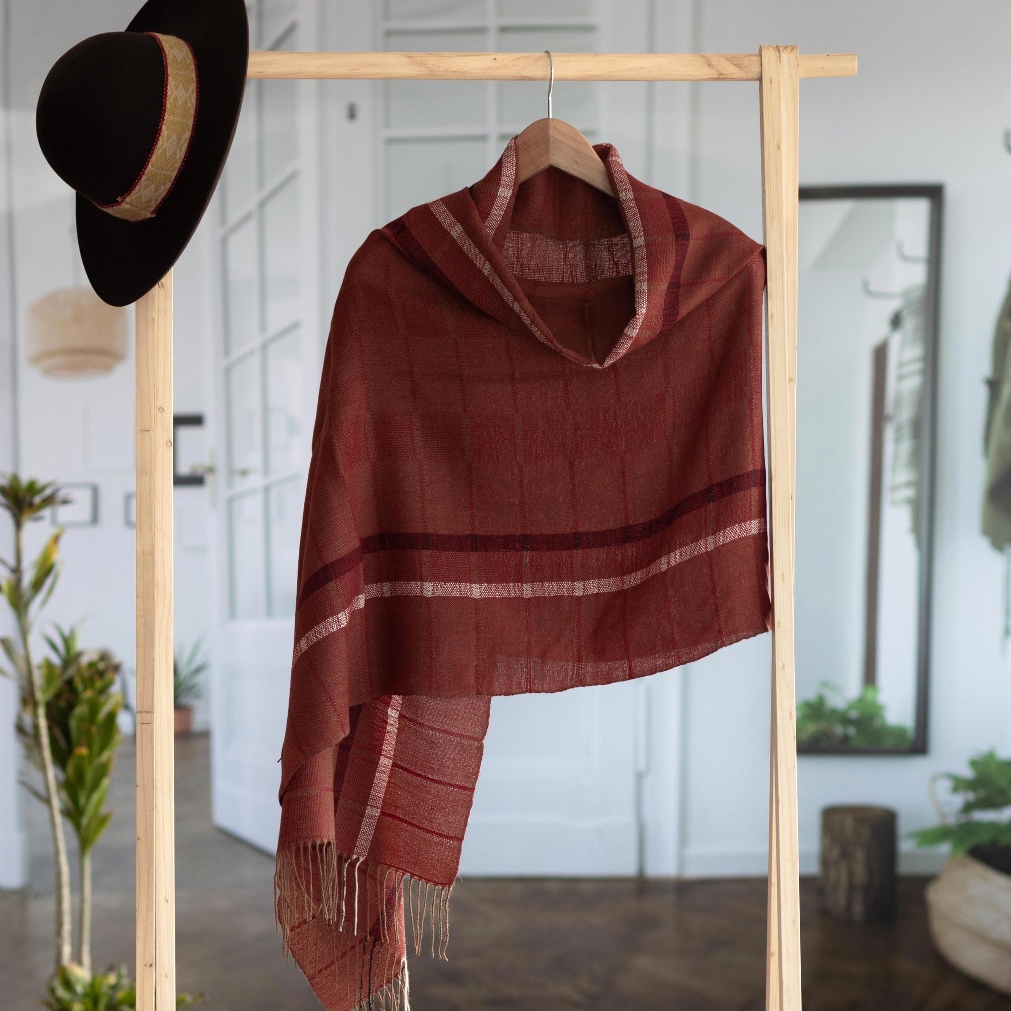 Premium Burgundy & Brown Baby Alpaca Shawl - Handwoven Luxury