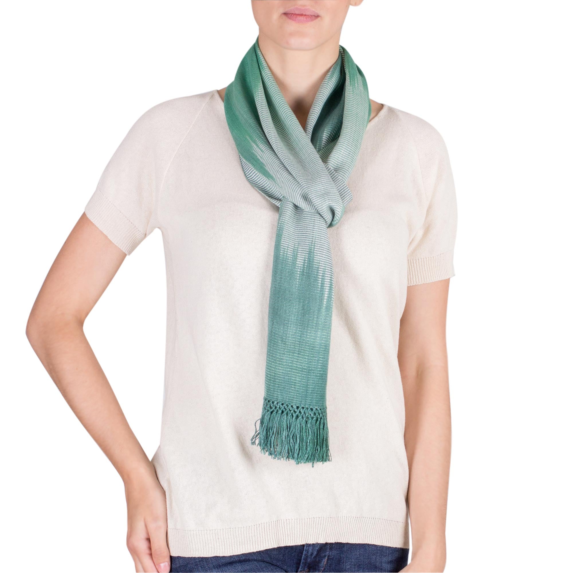 Premium Iridescent Eucalyptus Rayon Scarf - Handwoven Green & White Guatemalan Design