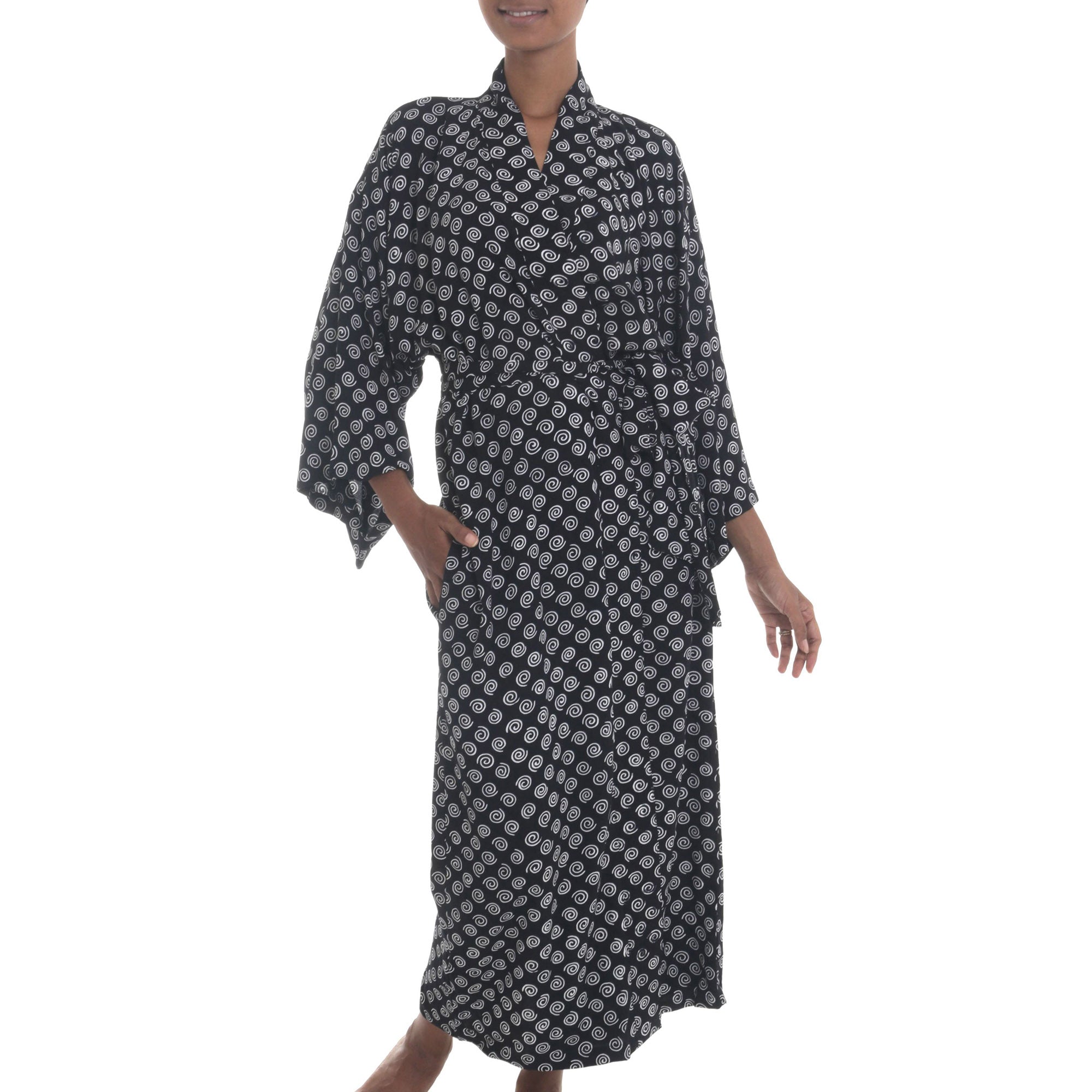 Premium Rayon Robe: Black & White Swirl Design by Nyoman Nadri