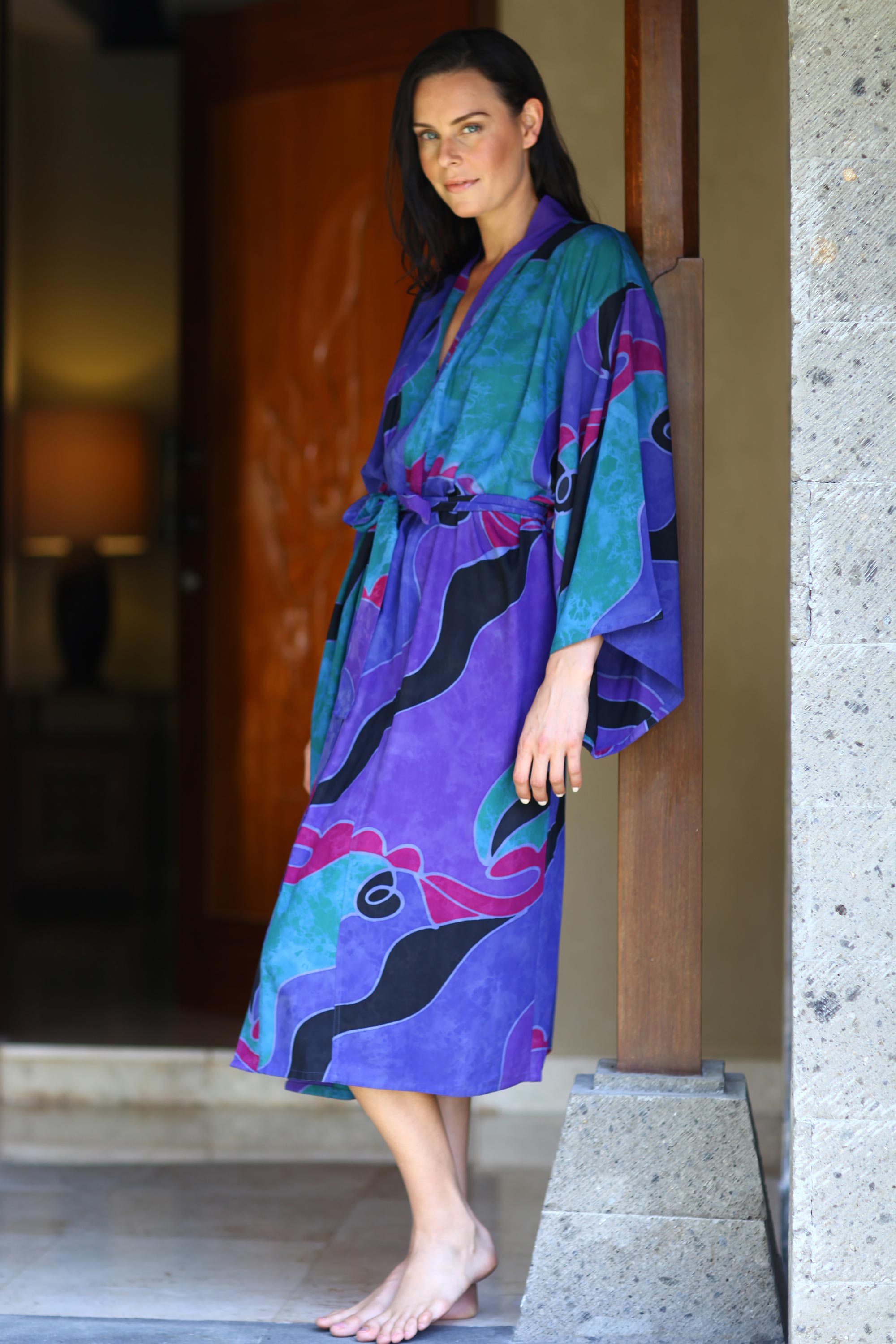 Premium Turquoise Ocean Batik Robe for Women