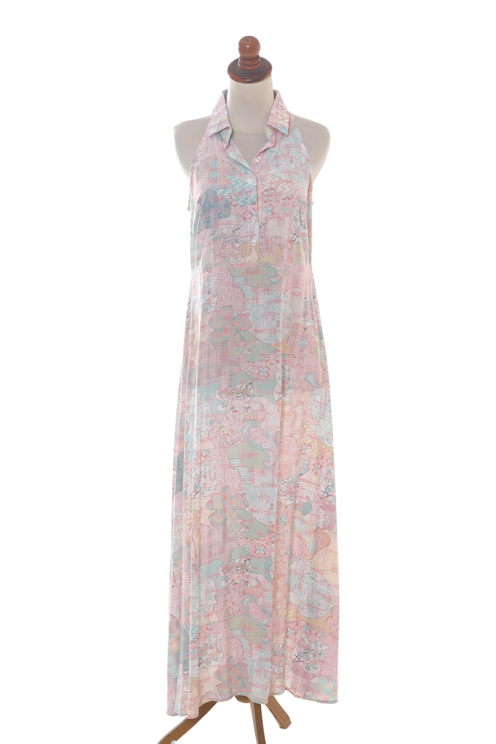 Premium Sekar Jagad Rayon Halter Dress - Pink & Aqua Print