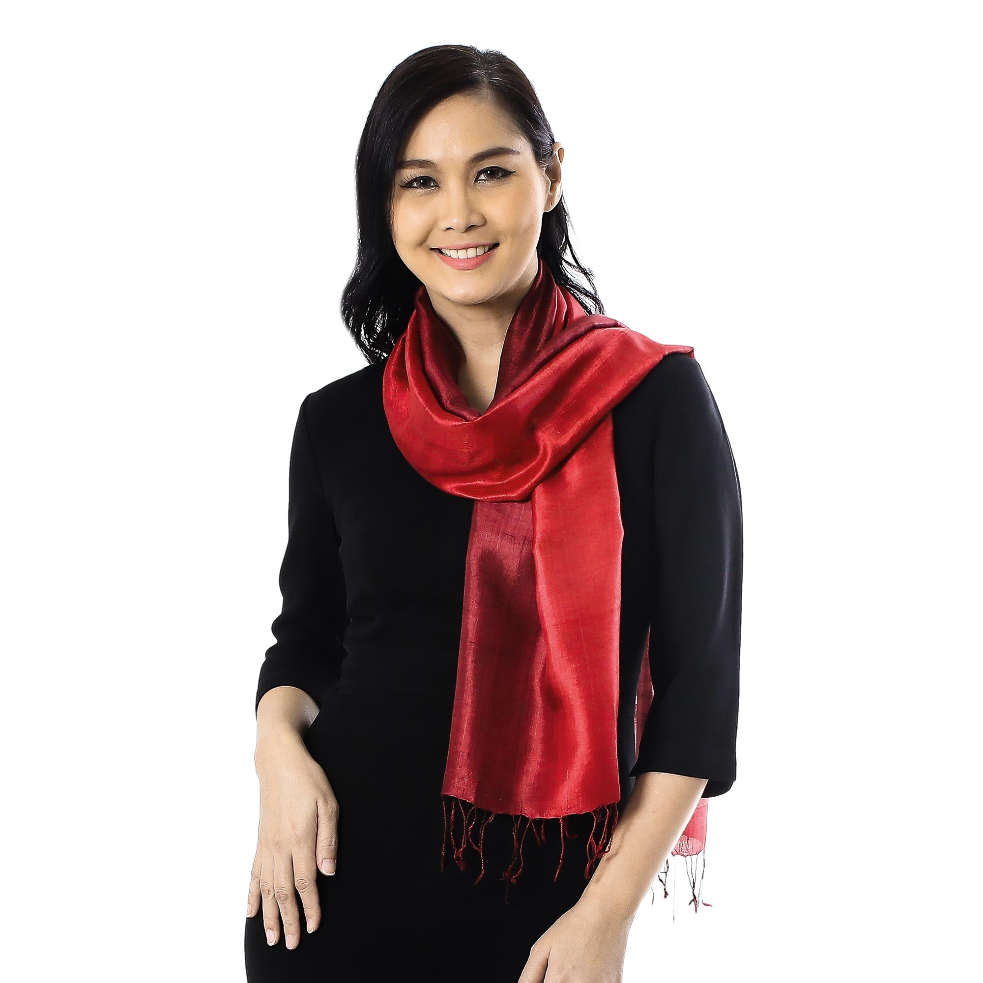 Premium Ruby Red Handwoven Silk Scarf with Elegant Fringe