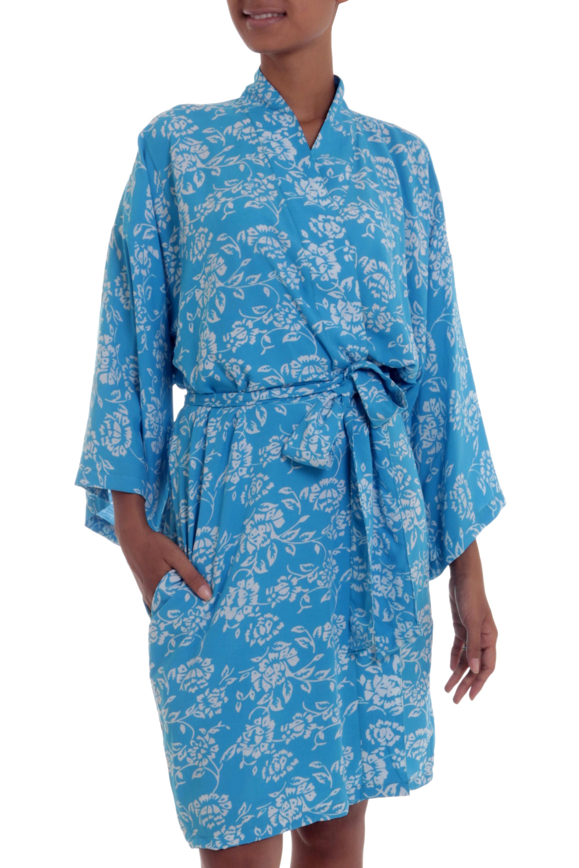 Premium Cerulean Blue Batik Rayon Kimono Robe - Tropical Elegance