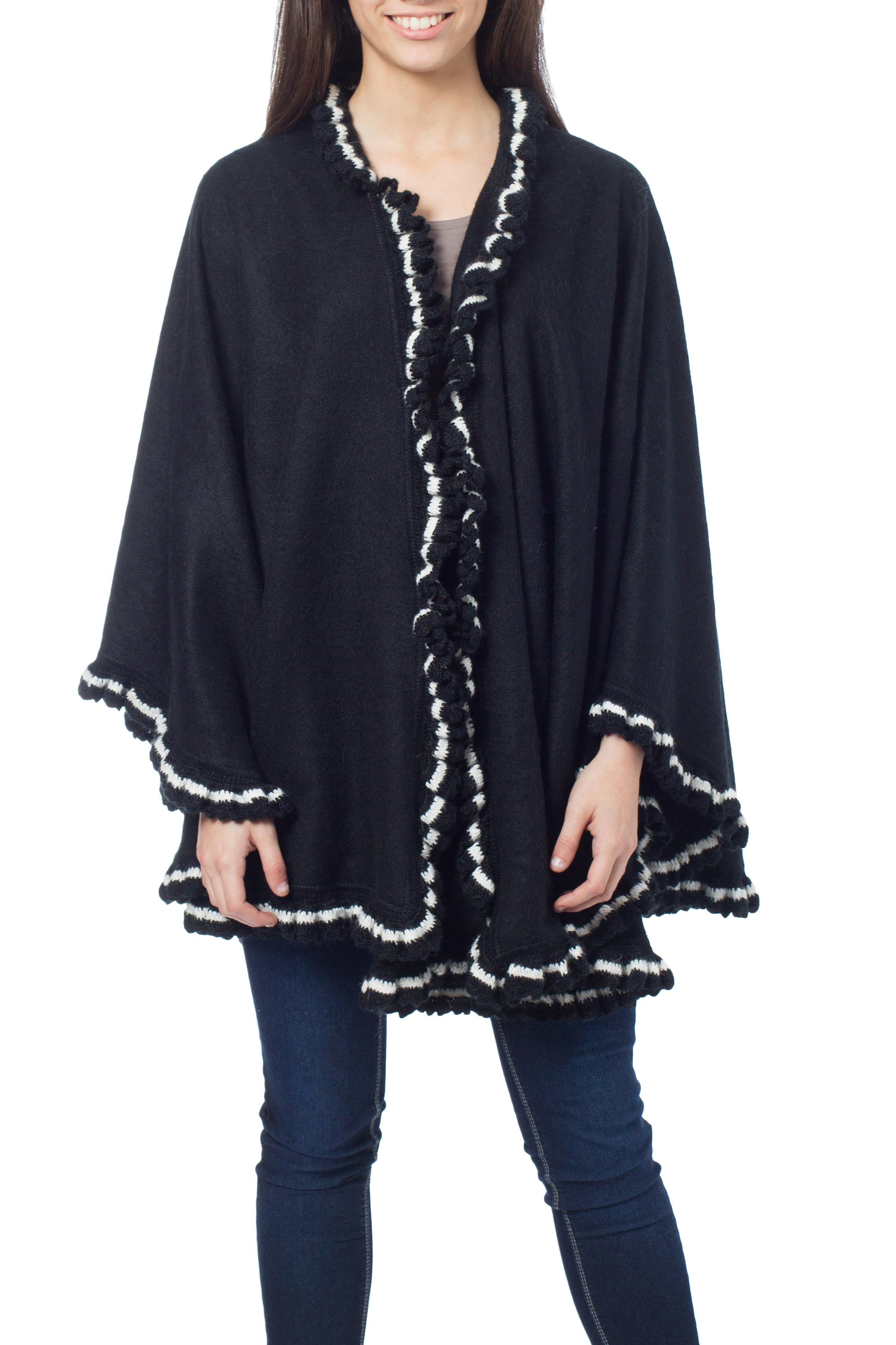 Premium Andean Snow Princess Black Alpaca Cape - Ultimate Luxury Wrap