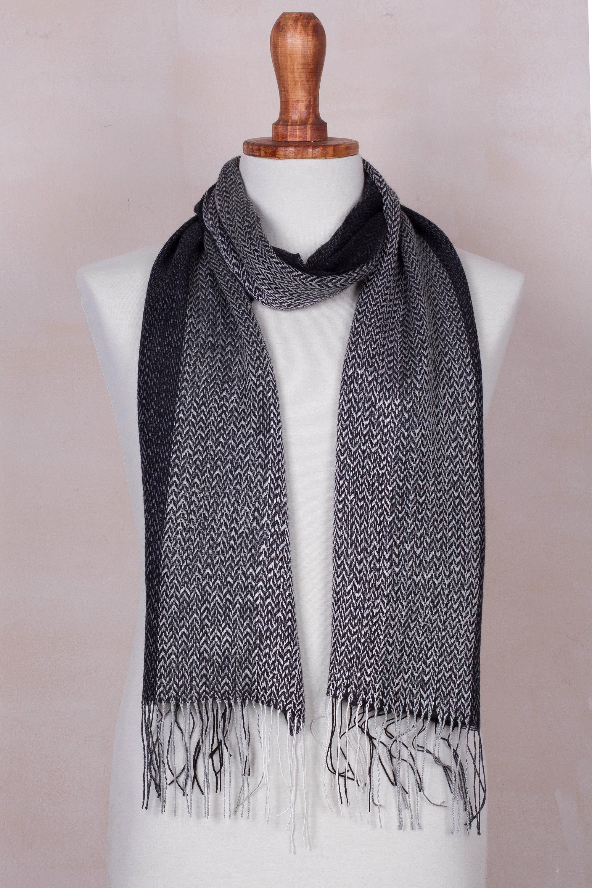 Premium Handwoven Baby Alpaca Blend Scarf – Black & Grey Herringbone Design from Peru