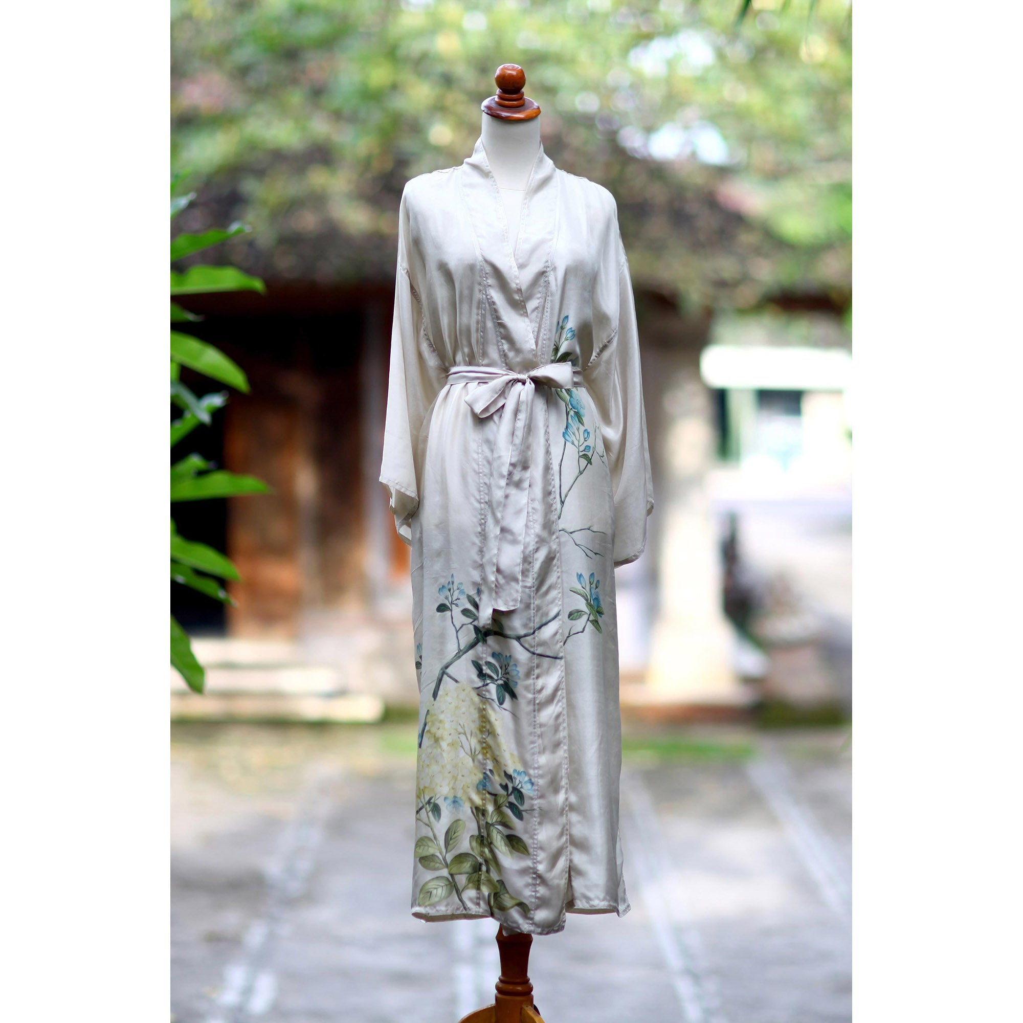 Premium Azure Blossoms Silk Robe - Ultimate Luxury