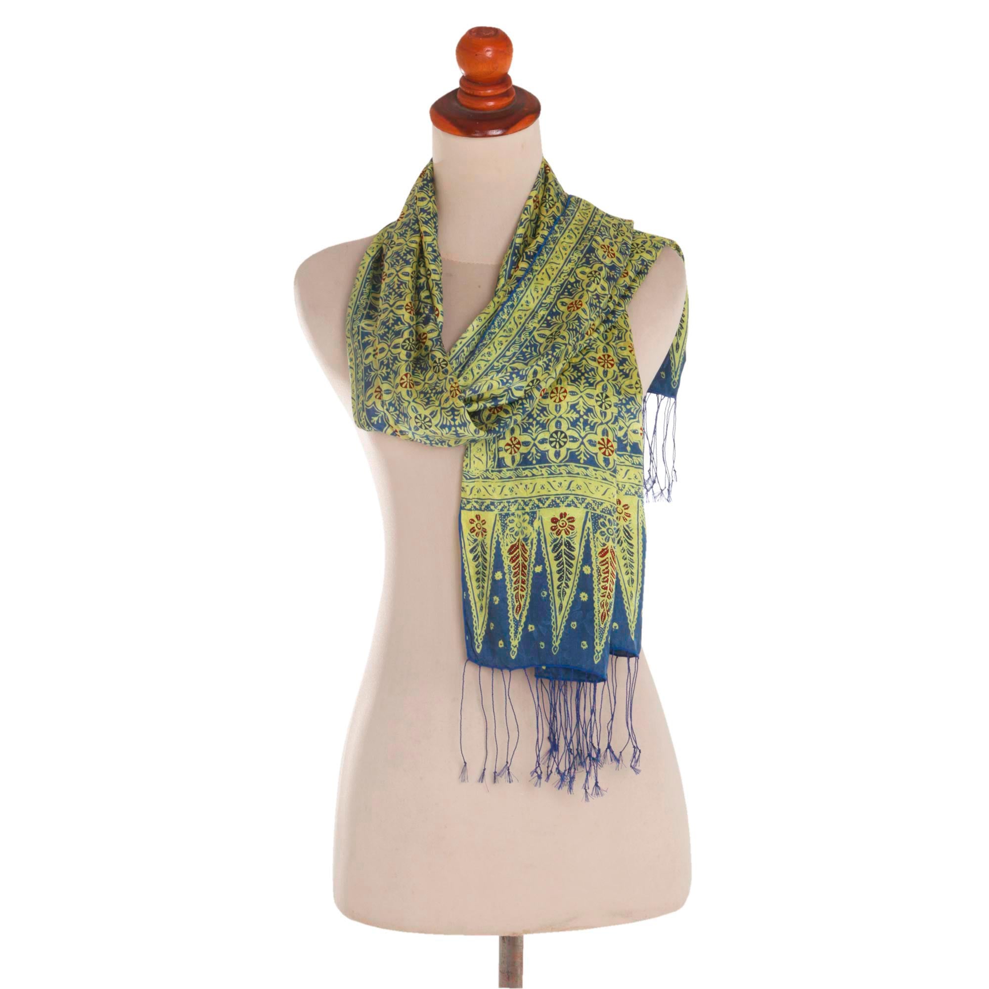 Premium Truntum World Silk Scarf in Chartreuse & Denim