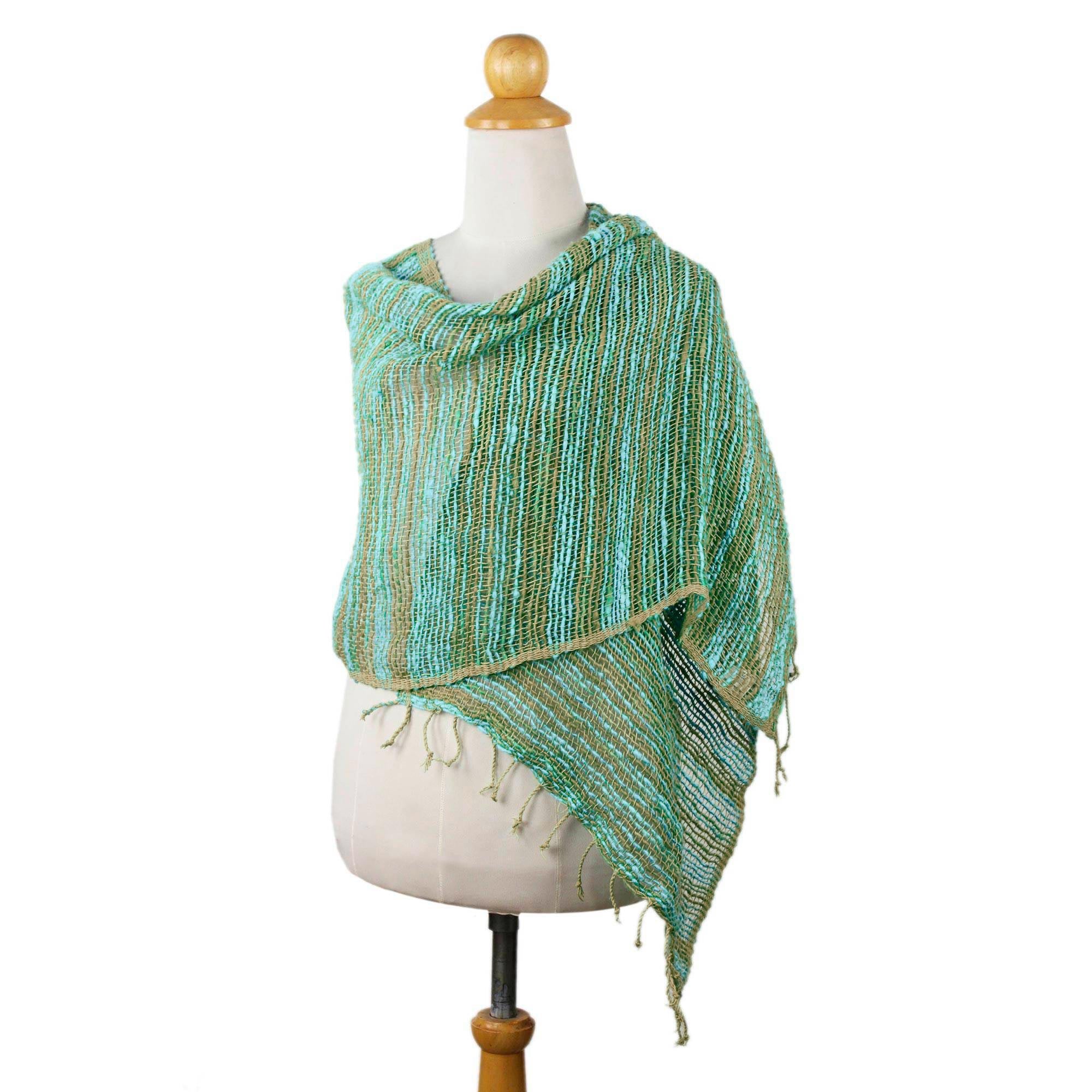 Premium Handwoven Thai Cotton Scarf - Breezy Blue & Green