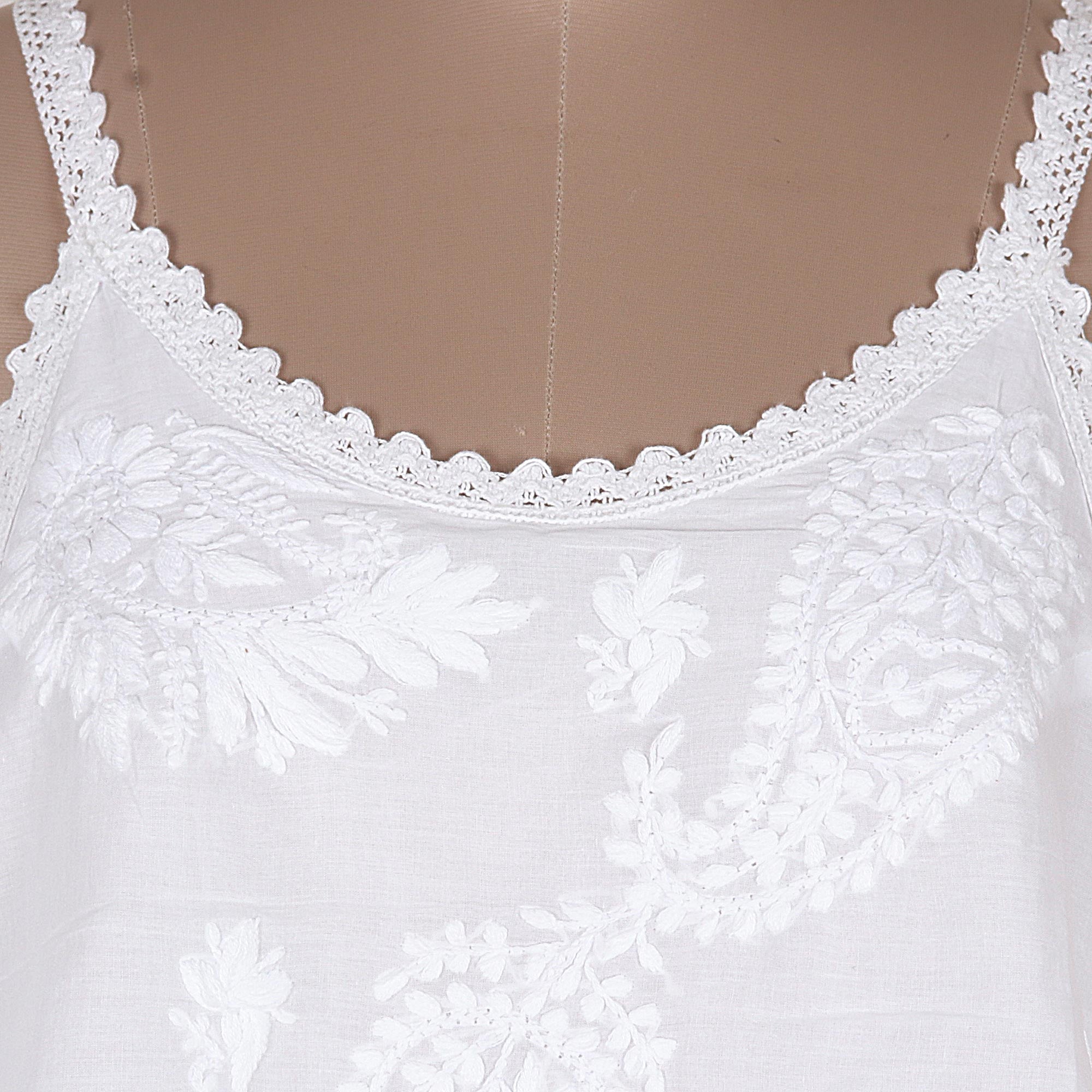 Premium White Chikankari Embroidered Cotton Sundress with Paisley Design