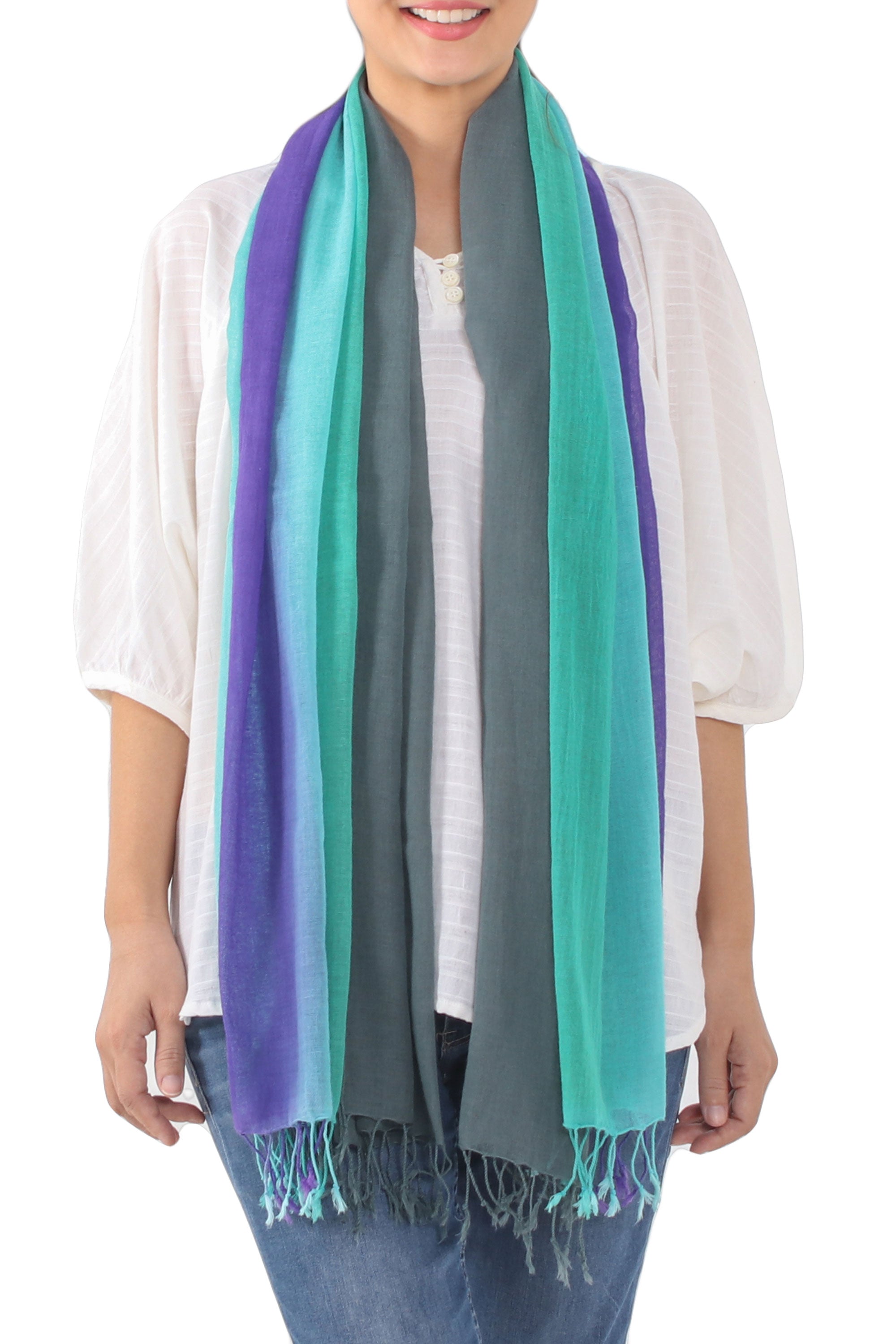 Premium Meadow Breeze Fringed Cotton Wrap Scarves - Handcrafted Pair from Thailand