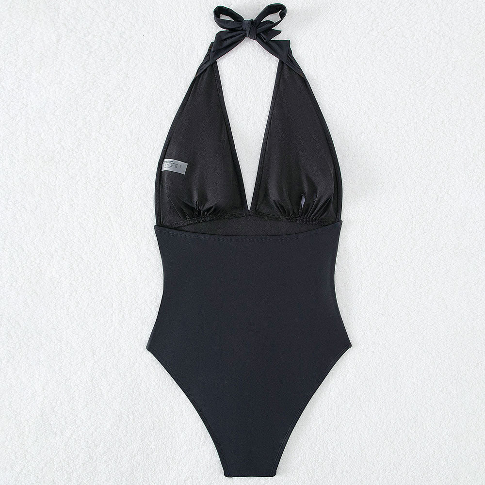 Ultimate All-Black V-Neck Halter Brazilian One-Piece Swimsuit