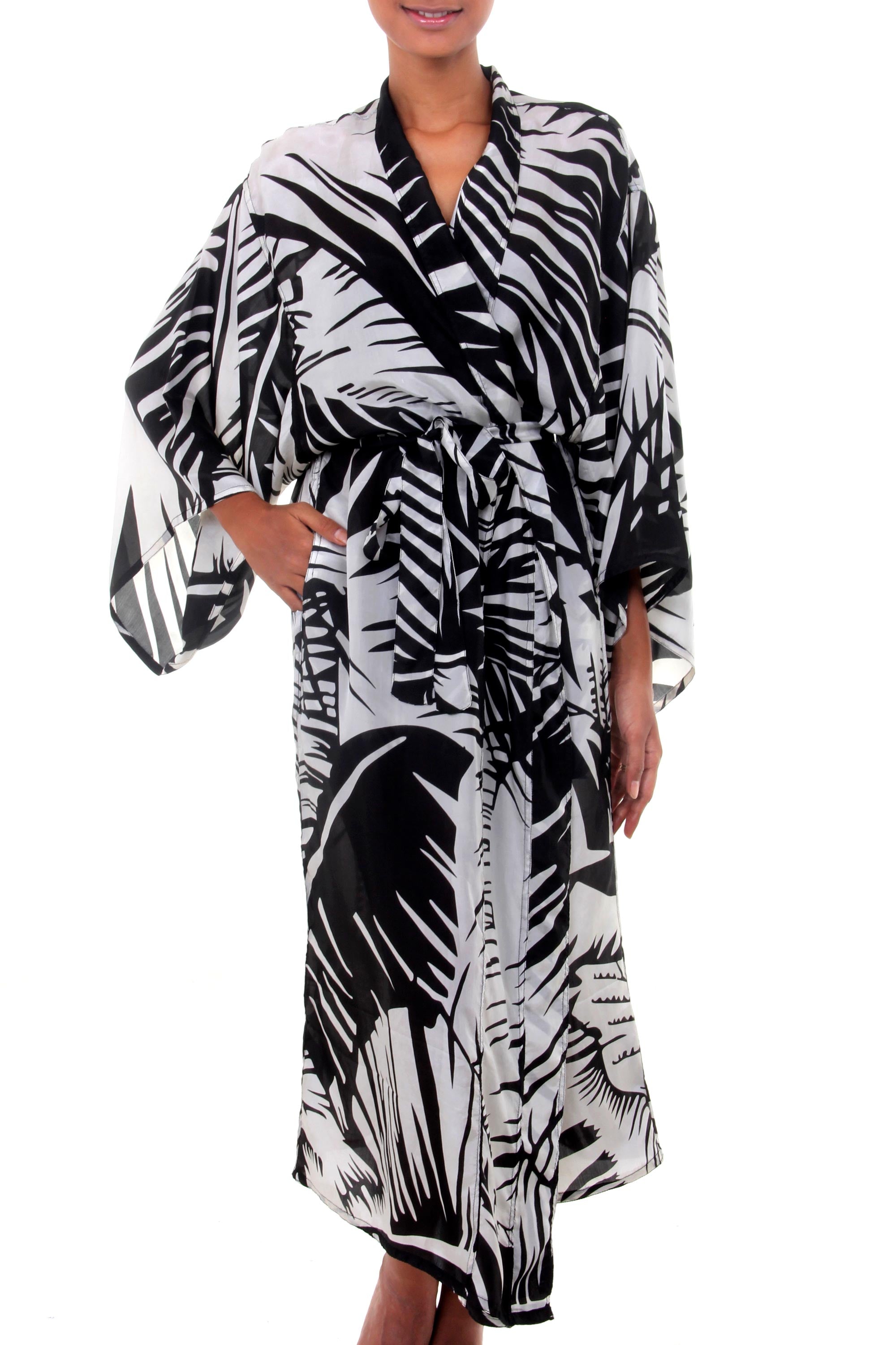 Premium Palm Frond Shadow Silk Robe – Ultimate Luxury for Women