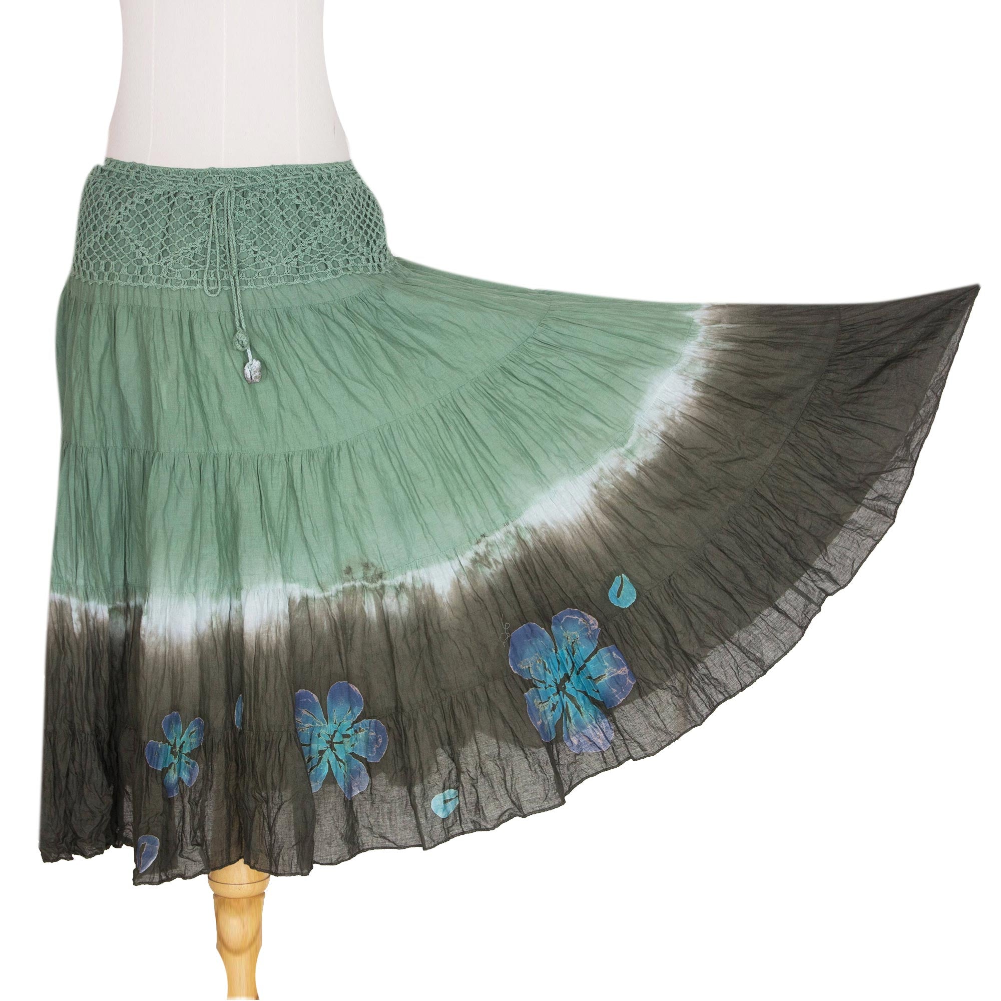 Premium Green Boho Chic Long Cotton Batik Skirt with Crochet Detail