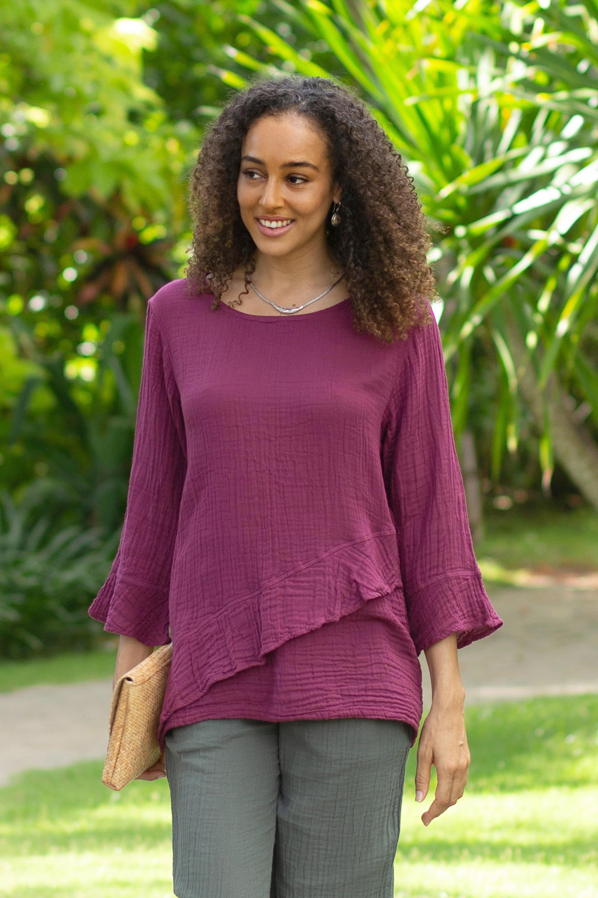 Premium Mulberry Asymmetrical Cotton Gauze Blouse - Burgundy Elegance