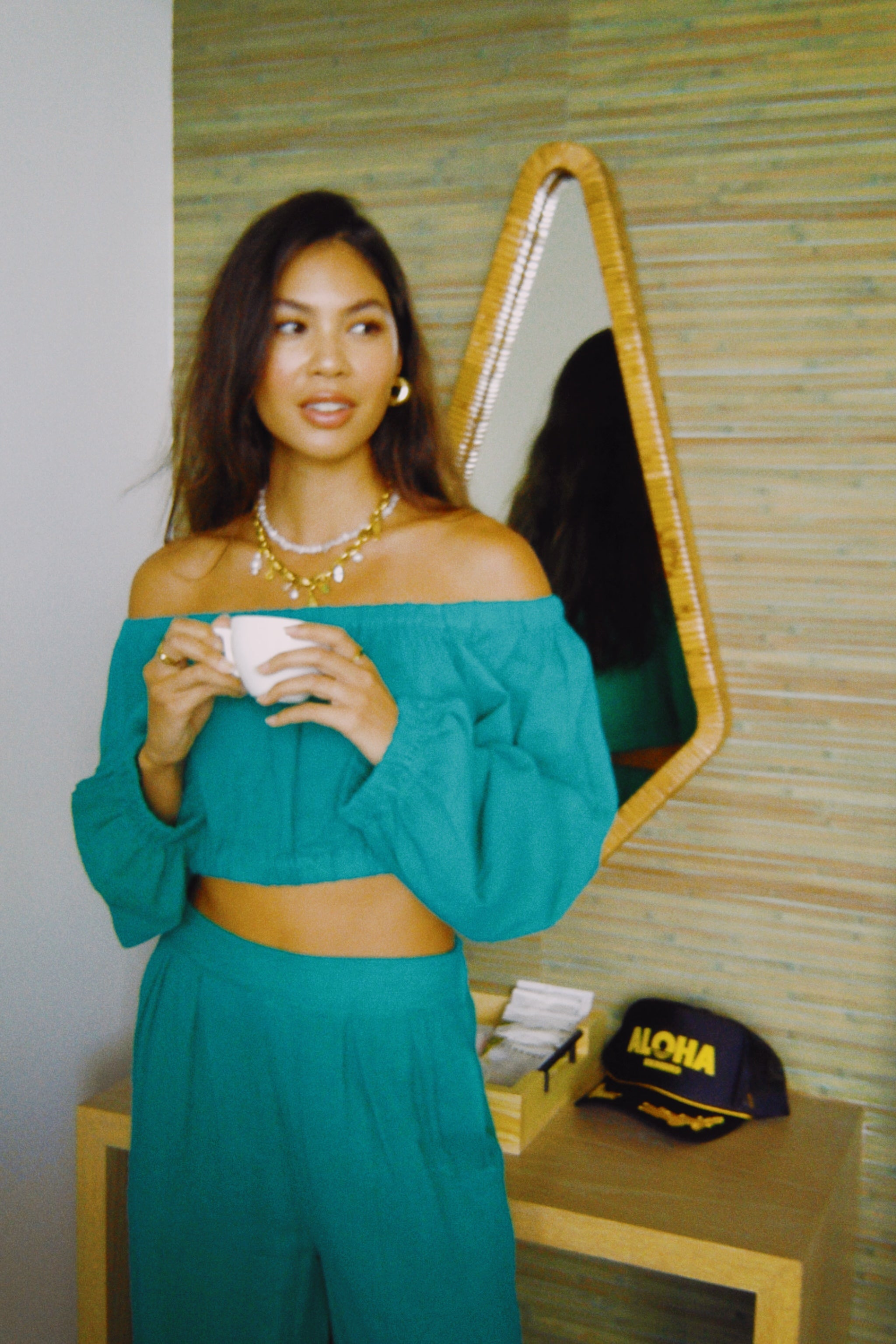 Premium Golden Trip Taylor Top - Stylish Green Off-Shoulder