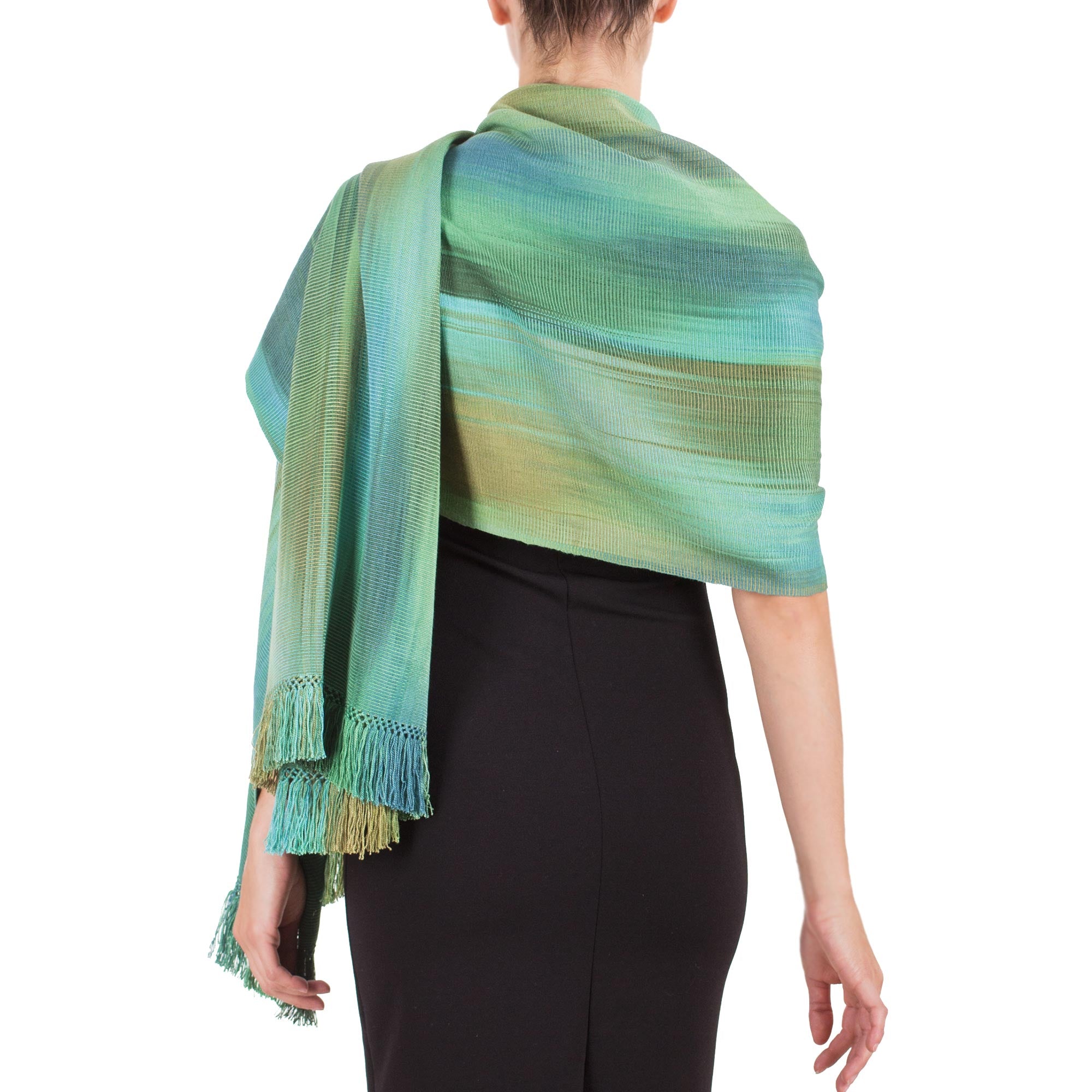 Premium Handwoven Rayon Chenille Shawl in Serene Green & Turquoise